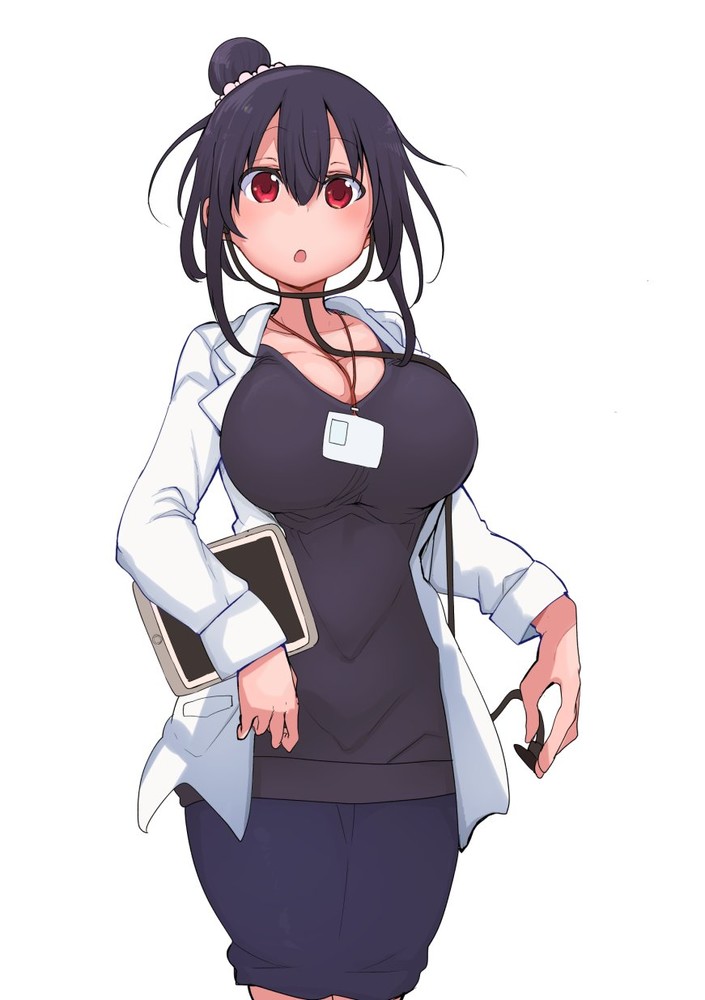 1girls big_breasts black_hair black_shirt breasts cleavage cool-kyou_shinja huge_breasts komori-san_wa_kotowarenai! komori_shuri labcoat large_breasts official_art red_eyes shirt solo solo_female solo_focus tied_hair