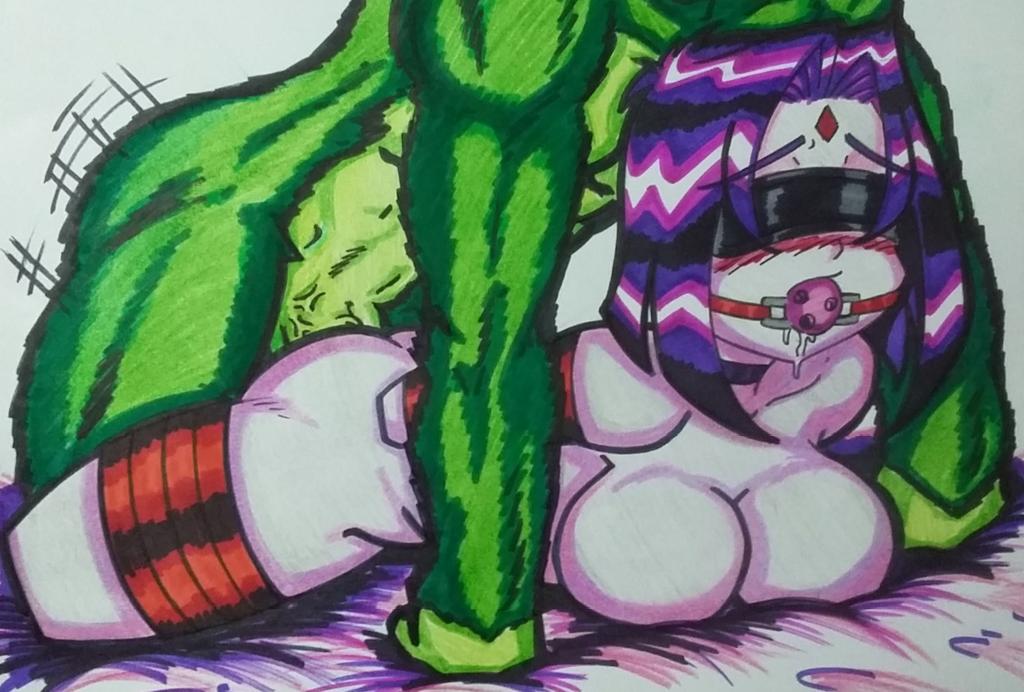 1boy, 1girls, ball gag, beast boy, bestiality, blindfold, bondage, bound, cartoon network, dc, dc comics, demon, demon girl, doggy style, domination, drooling, female, female focus, female penetrated, female/male, femsub, from behind, gag, garfield logan, goth, goth girl, green hair, green skin, grey skin, happy female, happy sex, male, male on top, purple hair, rachel roth, raven (dc), sex, submissive, submissive female, superhero, superheroine, teen titans, worried