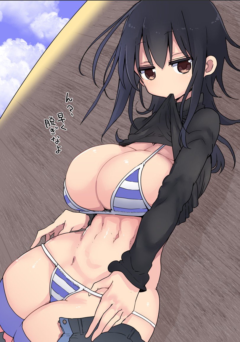 1girls big_breasts bikini black_eyes black_hair black_shirt breasts cleavage cool-kyou_shinja huge_breasts komori-san_wa_kotowarenai! large_breasts lifted_by_self long_hair mouth_hold navel negishi_masako official_art shirt shirt_lift solo solo_female solo_focus stomach striped_bikini undressing