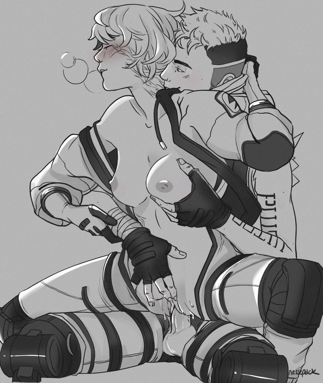 1boy, apex legends, blush, breast grab, breasts, clitoris, female, half-dressed, lichtenberg figure, male, nessepack, octane (apex legends), pussy, scar, vaginal penetration, wattson (apex legends)