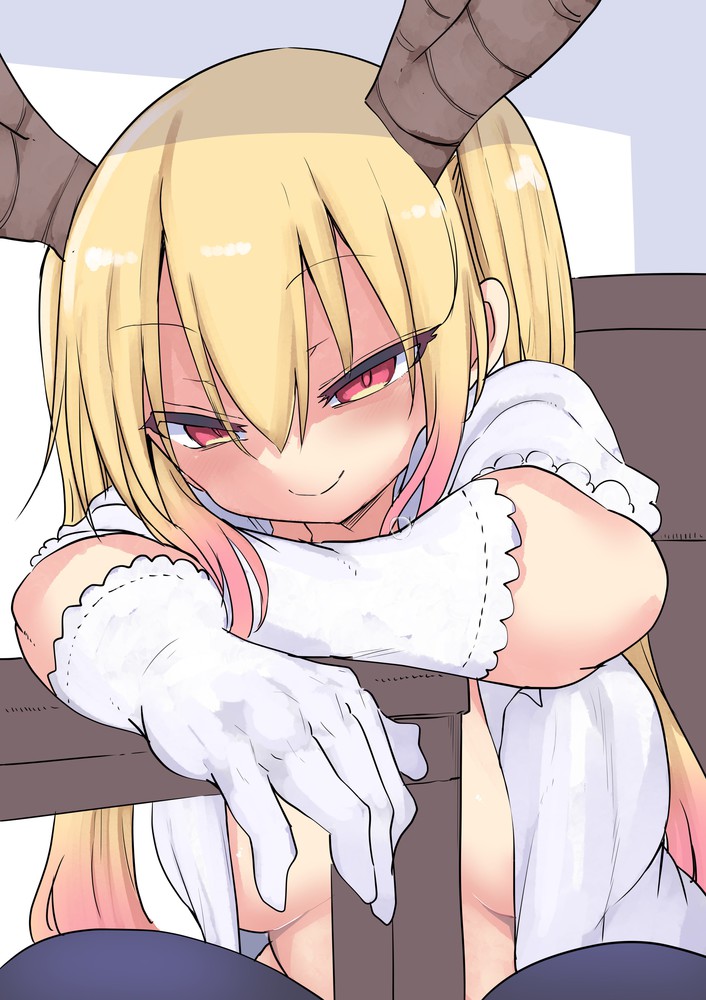 1girls, big breasts, blonde hair, breasts, cool-kyou shinja, female, female only, gloves, large breasts, long hair, looking at viewer, miss kobayashi's dragon maid, official art, open clothes, open shirt, red eyes, shirt, slit pupils, solo, solo female, solo focus, tohru (dragon maid), white gloves, white shirt