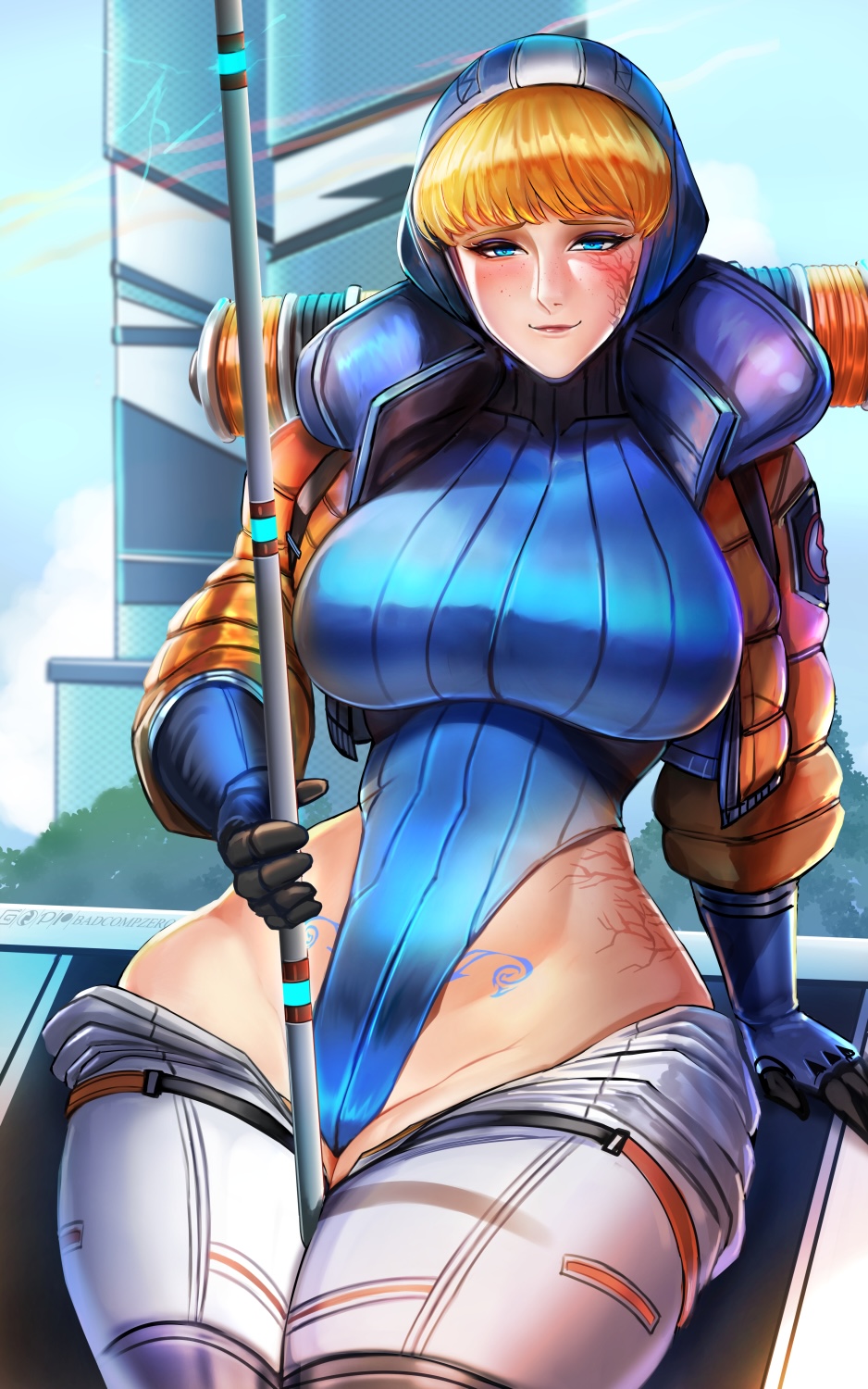 apex_legends artist_signature badcompzero bangs big_breasts blonde_hair blue_eyes breasts clothed_female electricity gloves hood hooded_jacket large_breasts lichtenberg_figure scar scars thick_thighs tight_clothing wattson_(apex_legends) wide_hips