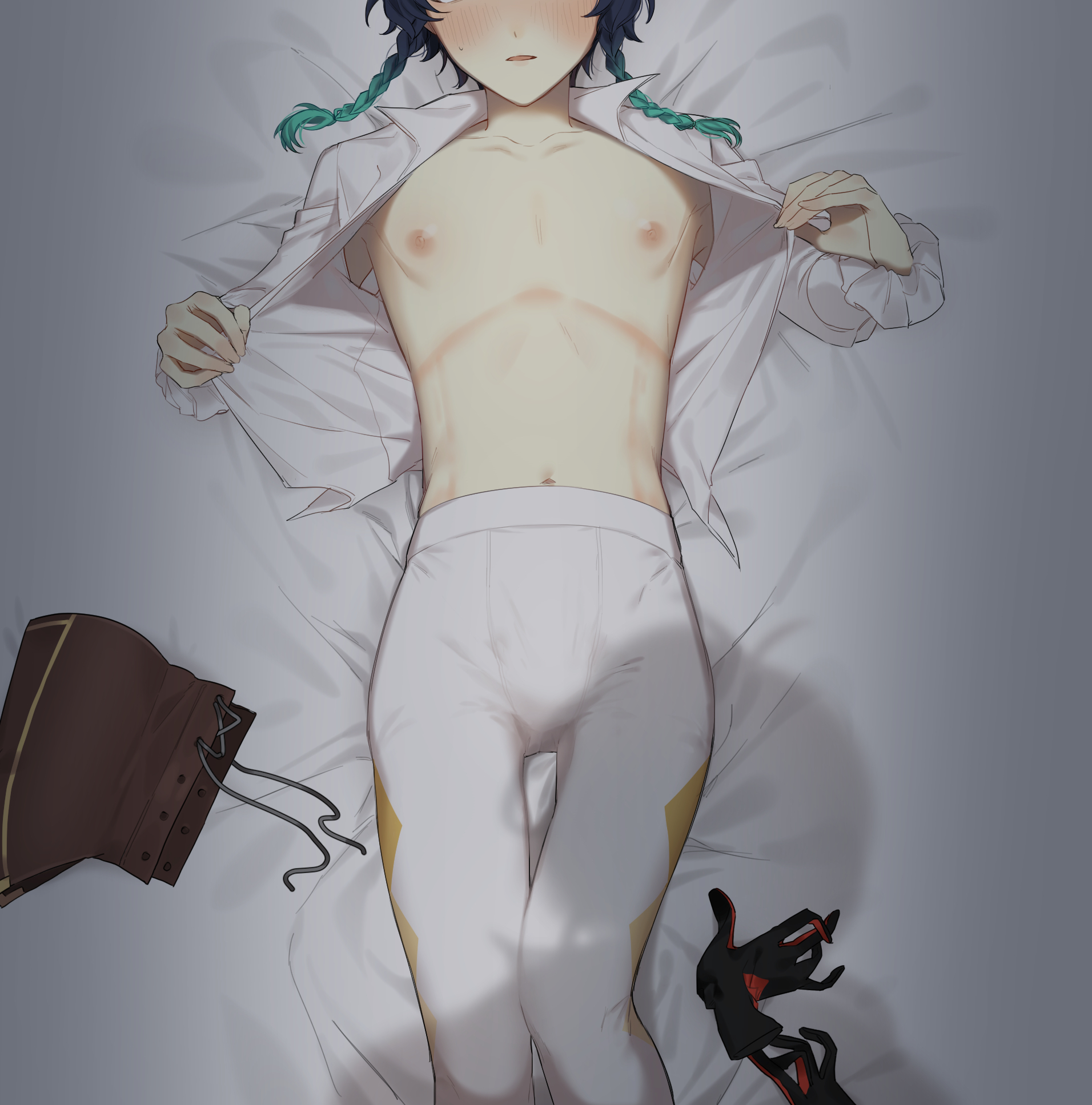 1boy, artist request, bed sheet, blush, braid, corset, femboy, genshin impact, gloves, hi res, imminent sex, light skin, light-skinned male, looking at viewer, male, male only, navel, nipples, on bed, pale skin, pale-skinned male, pantyhose, pov, shadow, tights, topless, twin braids, unbuttoned, unbuttoned shirt, undressing, venti (genshin impact), white legwear