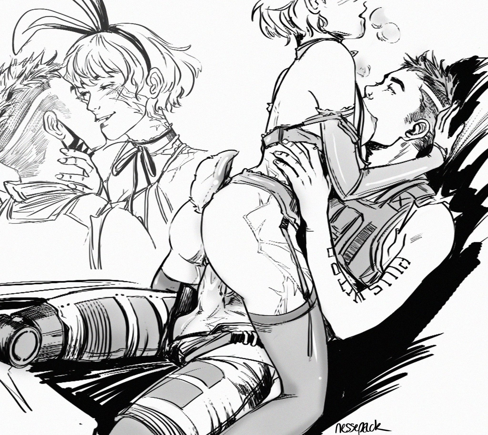 1boy, apex legends, biting lip, bunny ears, bunny girl, bunny tail, female, half-dressed, lichtenberg figure, male, nessepack, octane (apex legends), pussy, scar, scars, straddling, straight, vaginal penetration, wattson (apex legends)