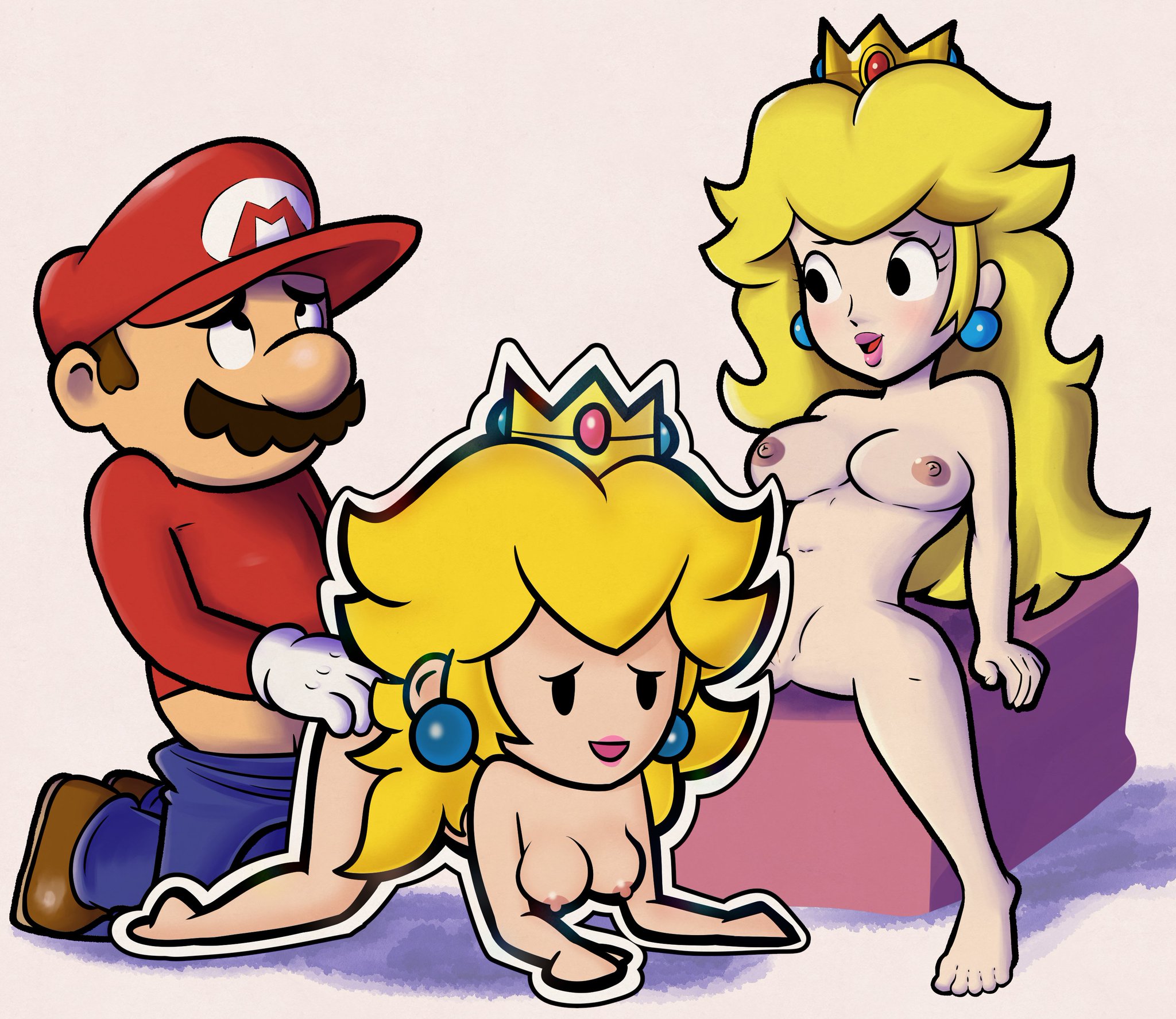 1boy, 2d, 2girls, barefoot, black eyes, blonde hair, breasts, brown hair, brown shoes, cap, clothed, clothed male, clothed male nude female, clothing, crown, doggy style, earrings, female, female penetrated, gloves, light skin, light-skinned female, light-skinned male, lips, lipstick, long hair, long sleeves, male, male penetrating, male/female/female, mario, mario (series), mario and luigi (series), mario and luigi: paper jam, monke brush, mustache, naked, naked female, nintendo, nipples, nude, nude female, official style, open mouth, overalls, overalls down, paper mario, paper peach, pink lipstick, princess peach, red cap, red shirt, shirt, shoes, square crossover, thick, thick hips, thick thighs, threesome, trio, white gloves, wide hips