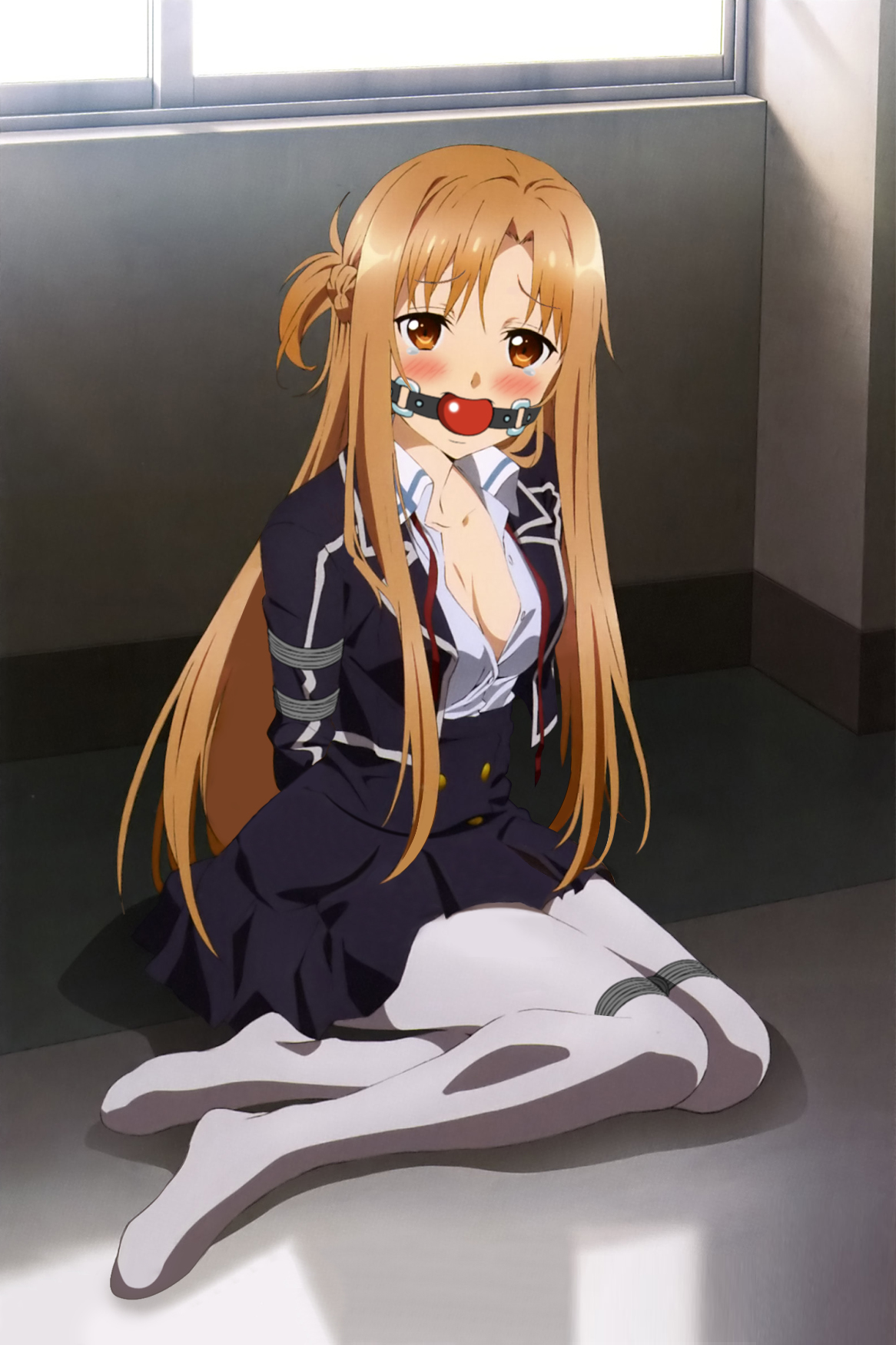 bondage, female, gag, open clothes, school uniform, songokussjsannin8000, sword art online, yuuki asuna