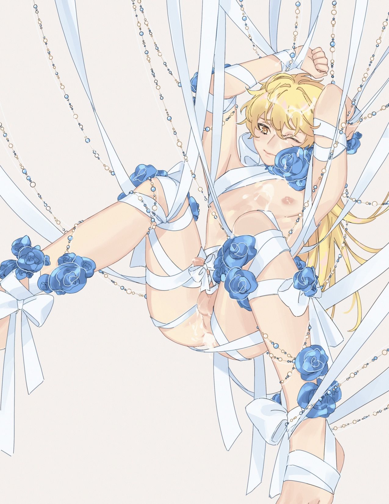 1boy, aether (genshin impact), amber eyes, ass, blonde hair, bondage, cum, cum in ass, feminization, flowers, genshin impact, gold eyes, long hair, male, male focus, male only, solo