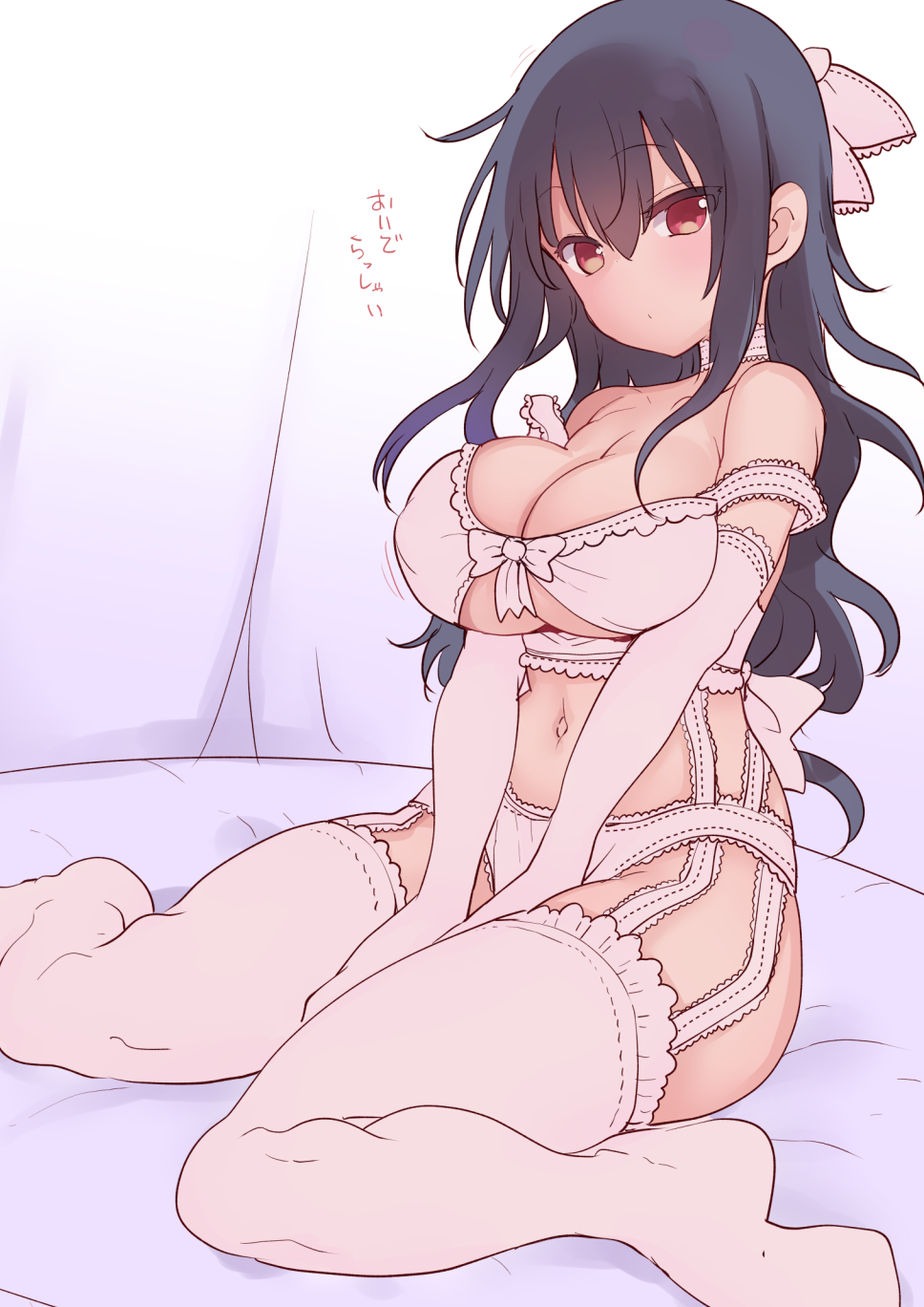 1girls bare_shoulders black_hair bra breasts cleavage cool-kyou_shinja garter_belt garter_straps gloves huge_breasts komori-san_wa_kotowarenai! komori_shuri large_breasts long_hair official_art panties red_eyes solo solo_female solo_focus thighhighs underboob wariza white_bra white_gloves white_legwear white_panties