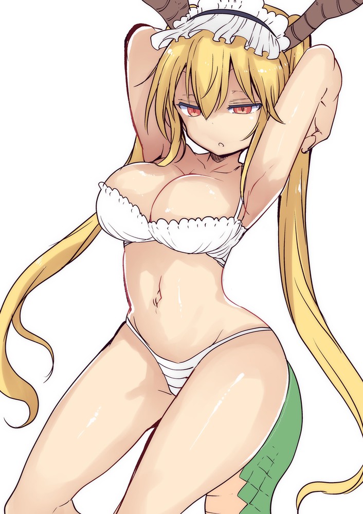 1girls, big breasts, blonde hair, bra, breasts, cool-kyou shinja, dragon horns, dragon tail, female, female only, horns, large breasts, long hair, miss kobayashi's dragon maid, navel, official art, panties, red eyes, slit pupils, solo, solo female, solo focus, stomach, tail, tohru (dragon maid), twintails, white bra, white panties