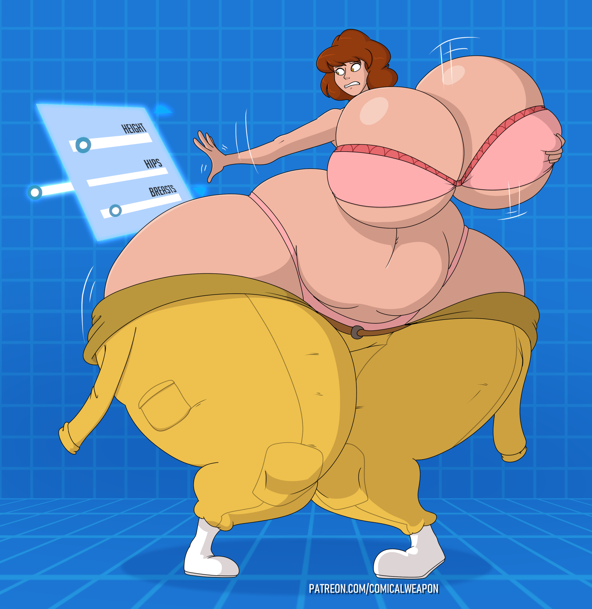 1girls, 5 fingers, april o'neil, april o'neil (tmnt 1987), ass, ass expansion, bare shoulders, belly, belly button, big ass, big belly, big butt, breast expansion, breast grab, breast growth, breast growth (enlargement), breasts, breasts bigger than head, butt expansion, clothed, clothes, clothing, comical weapon, english text, expansion, eyebrows, eyelashes, female, female only, full body, growth, hips, huge ass, huge belly, huge butt, huge hips, huge thighs, human, human only, humanoid, hyper, hyper ass, hyper breasts, hyper butt, hyper hips, hyper thighs, large ass, large belly, large butt, mammal, nervous, simple background, solo, solo female, standing, teenage mutant ninja turtles, text, thick, thick ass, thick thighs, thighs, voluptuous, wide hips