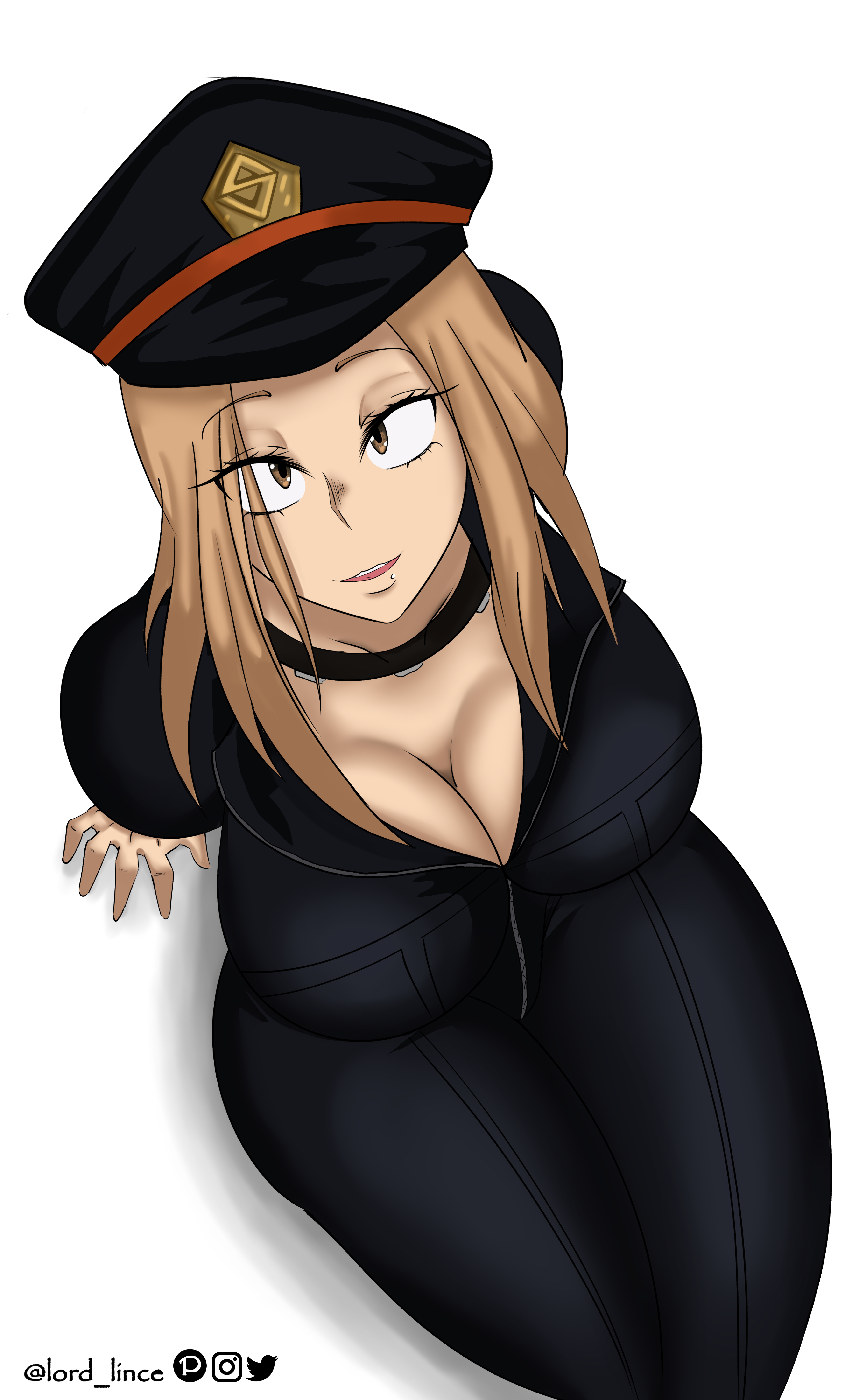 1girls, absurd res, artist name, big breasts, black bodysuit, blonde hair, blonde-haired female, bodysuit, breasts, brown eyes, brown hair, camie utsushimi, cleavage, clothed, curvaceous, female, female only, from above, hat, hero outfit (mha), large breasts, long hair, looking at viewer, looking up, lord lince, my hero academia, shiketsu high school cap, shounen jump, sitting, smile, solo, thick thighs, thighs, voluptuous, white background, wide hips