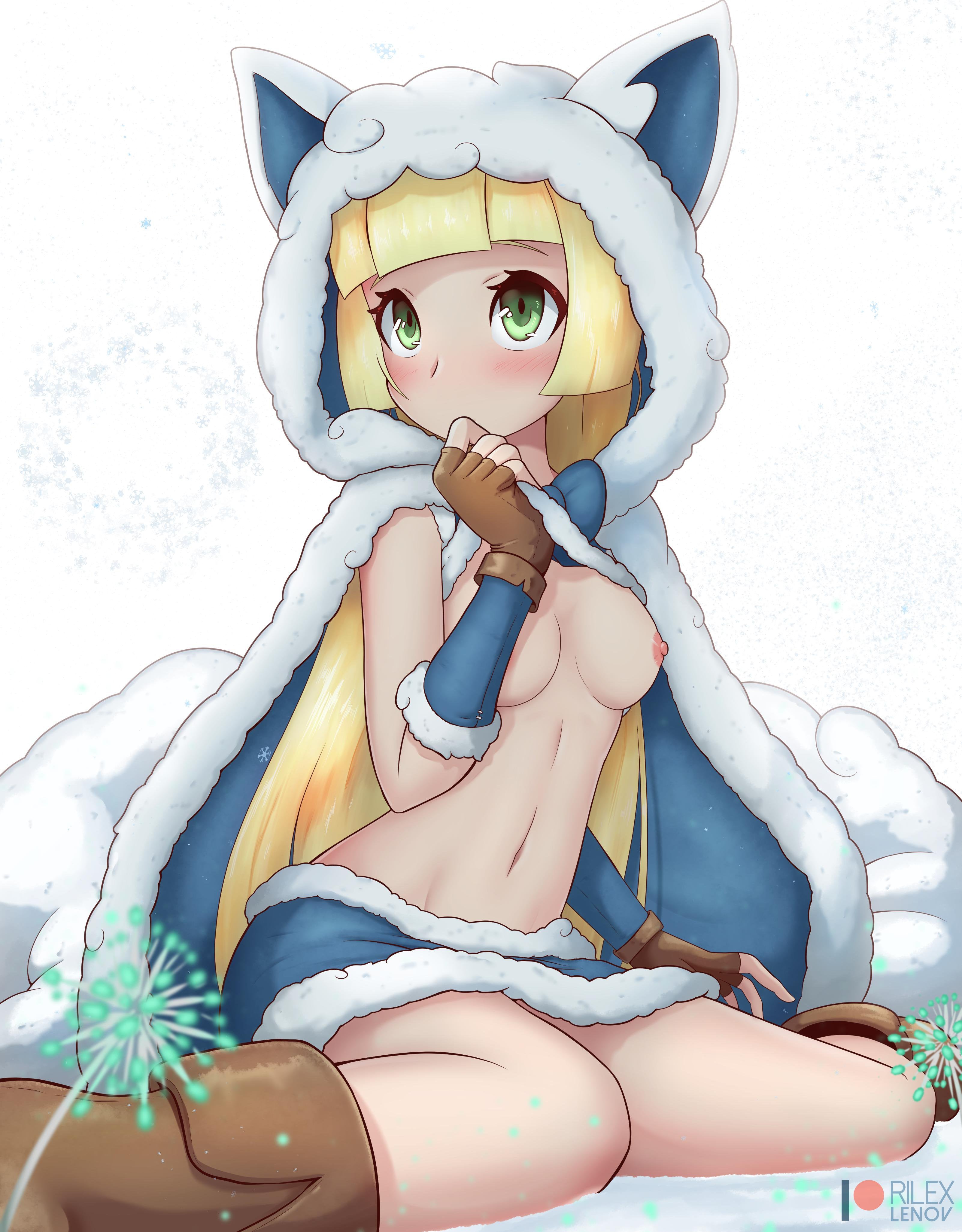 1girls, belly, blonde hair, boots, breasts, breasts out, exposed, exposed breasts, female, green eyes, hi res, human, light skin, light-skinned female, lillie (pokemon), looking up, navel, nintendo, nipples, outside, partially clothed, pokemon, pokemon sm, rilex lenov, slim waist, small breasts, solo, straight hair, thighs