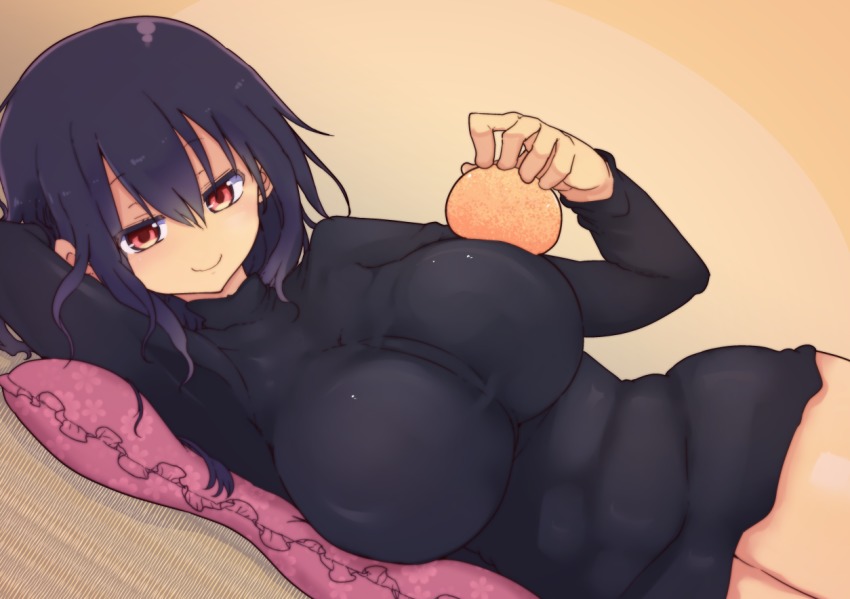 1girls big_breasts black_hair black_shirt breasts cool-kyou_shinja huge_breasts komori-san_wa_kotowarenai! komori_shuri large_breasts long_hair mandarin_orange no_pants official_art on_side red_eyes shirt smile solo solo_female solo_focus thighs