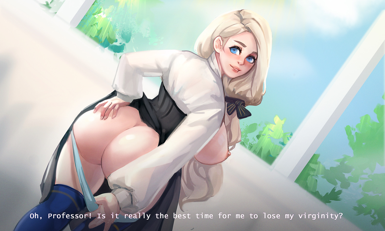 1girls, ass, big ass, blue panties, blush, breasts, breasts out, english text, female, female only, fire emblem, fire emblem: three houses, garreg mach monastery uniform, large ass, large breasts, looking at viewer, looking back, mercedes von martritz, moonelove, nintendo, panties, panty pull, partially nude, redkvin, school uniform, skirt lift, solo, text, undressing