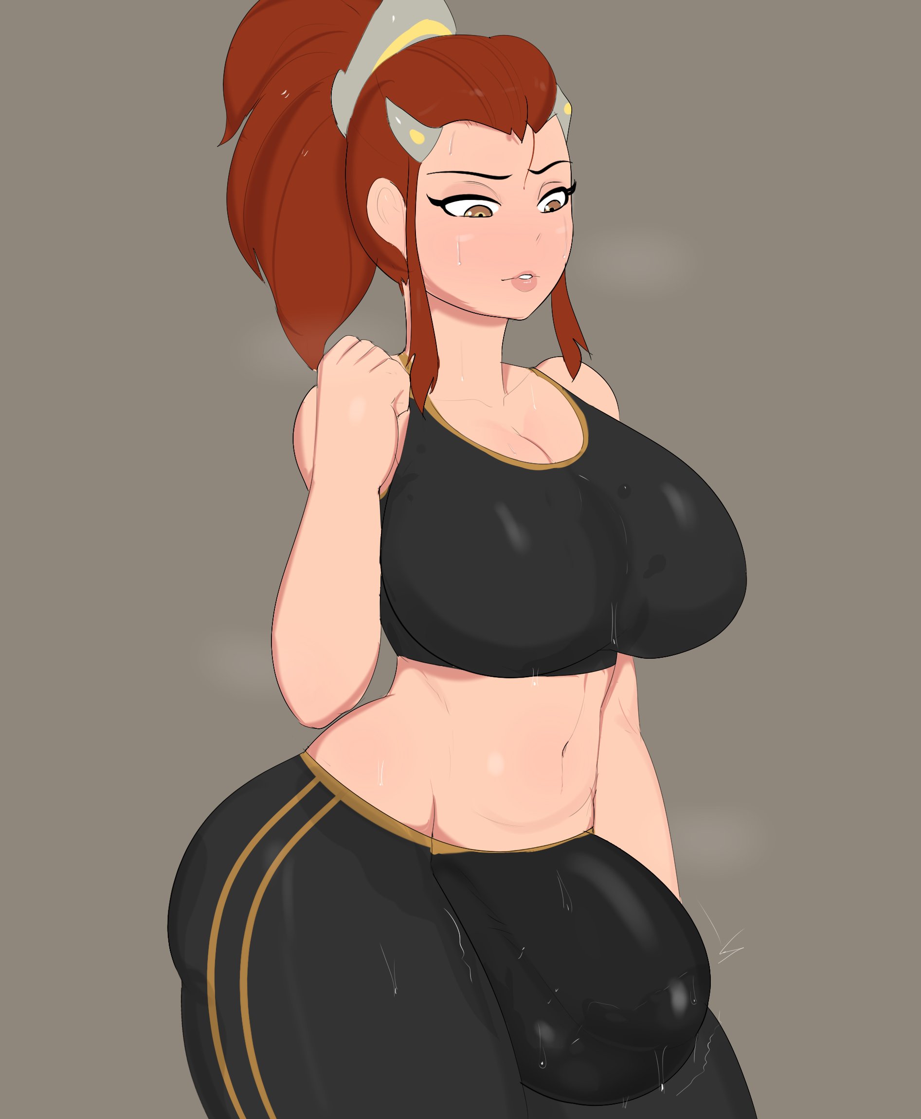 1futa, 2d, balls, big breasts, breasts, brigitte, bulge, cleavage, clothed, clothing, futa only, futanari, g3mma, human, intersex, large breasts, overwatch, pale skin, partially clothed, penis, penis under clothes, precum, precum through clothing, solo, standing, sweat, thick thighs, thunder thighs, wide hips