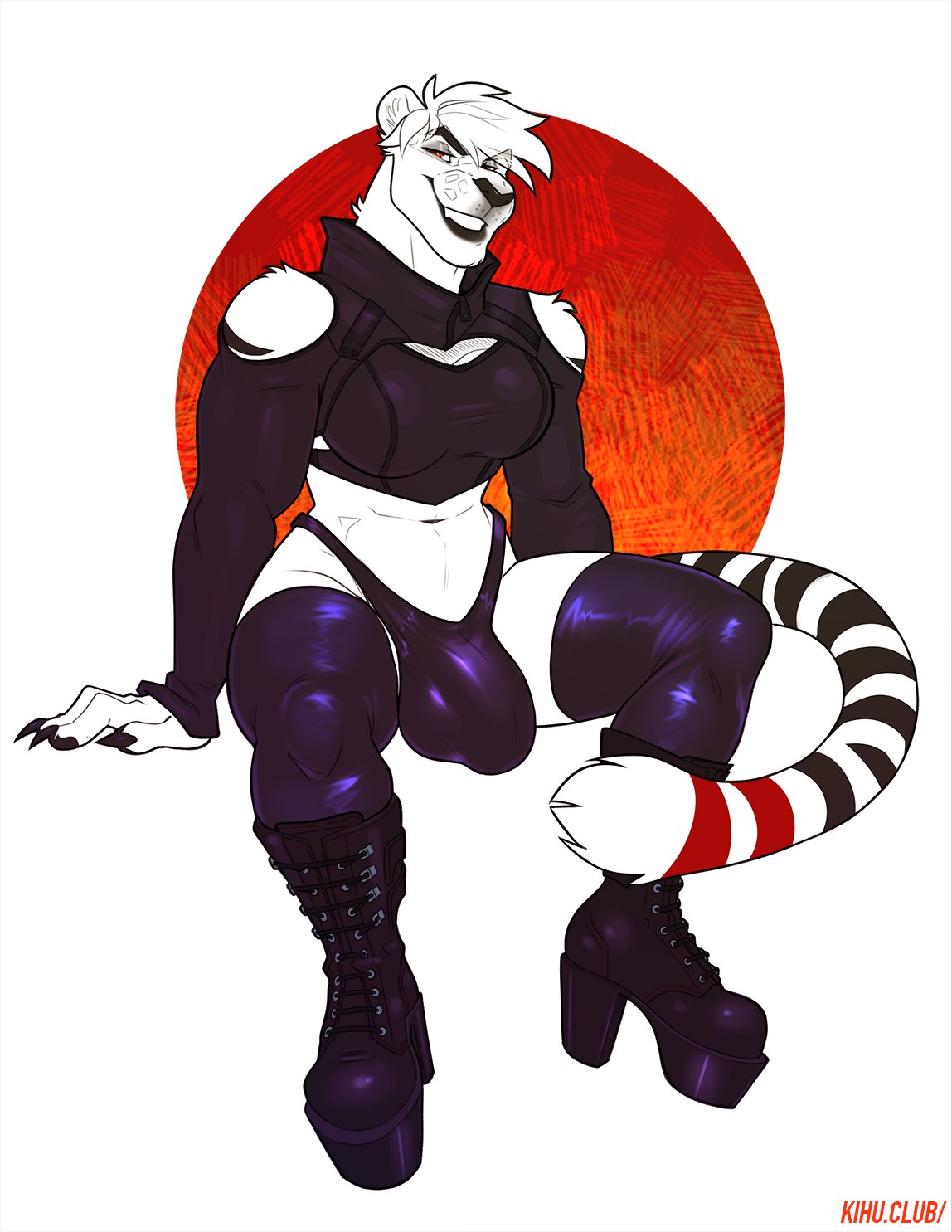 androgynous, anthro, boob window, breasts, bulge, butch, female, furry, futa only, futanari, goth, heel boots, heels, intersex, kihu, kihublue, latex legwear, latex stockings, latex thighhighs, masculine female, platform heels, smile, striped fur, white fur