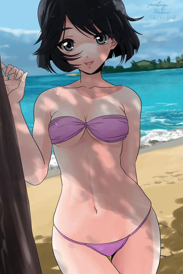 arm_behind_back artist_name bangs bikini black_eyes black_hair blue_sky breasts cleavage cloud cloudy_sky commentary cowboy_shot dappled_sunlight day female girls_und_panzer looking_at_viewer matsui_yasutsugu medium_breasts navel ocean one-hour_drawing_challenge open_mouth outdoors purple_bikini short_hair signature skindentation sky smile solo standing strapless strapless_bikini string_bikini sunlight swimsuit thigh_gap utsugi_yuuki waves