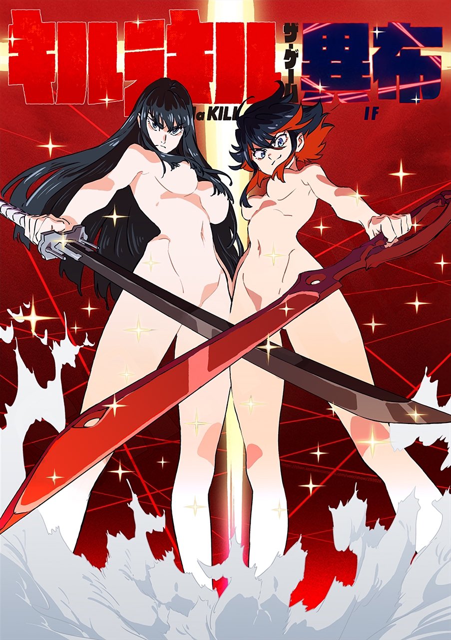 2girls abstract_background belly_button black_hair breasts completely_nude convenient_censoring covered_nipples female female_only godiva_hair japanese_text kill_la_kill kiryuuin_satsuki long_hair looking_at_viewer low-angle_view matoi_ryuuko naked nude official_art short_hair sisters sword two_tone_hair