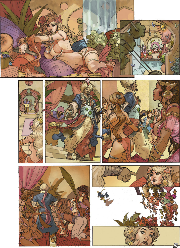 blonde_hair blue_eyes brown_hair butterfly comic coraline_doucet femsub flowers_in_hair harem harem_girl harem_outfit harem_pants large_breasts loincloth middle_eastern middle_eastern_clothing middle_eastern_male monarch multiple_girls official_art original_characters shah slave slaves submissive_female sultan terry_dodson voluptuous