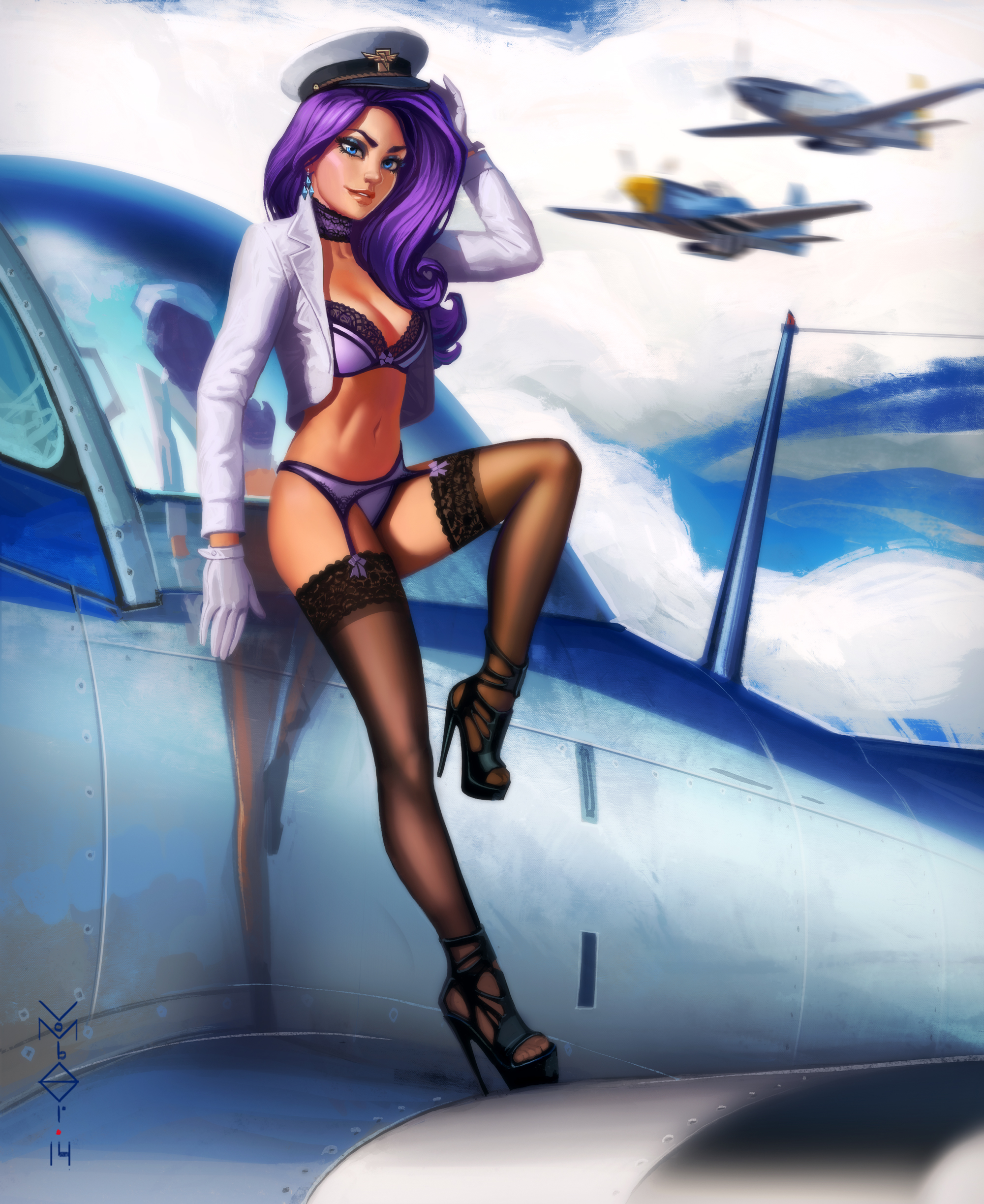 1girls, black high heels, blue eyes, bra, breasts, earrings, female, female only, fighter plane, friendship is magic, garter belt, garter straps, gloves, high heels, humanized, legs, long hair, looking at viewer, mostly nude, my little pony, open-toe heels, panties, plane, purple hair, rarity (mlp), realistic, reflection, solo, stockings, straight hair