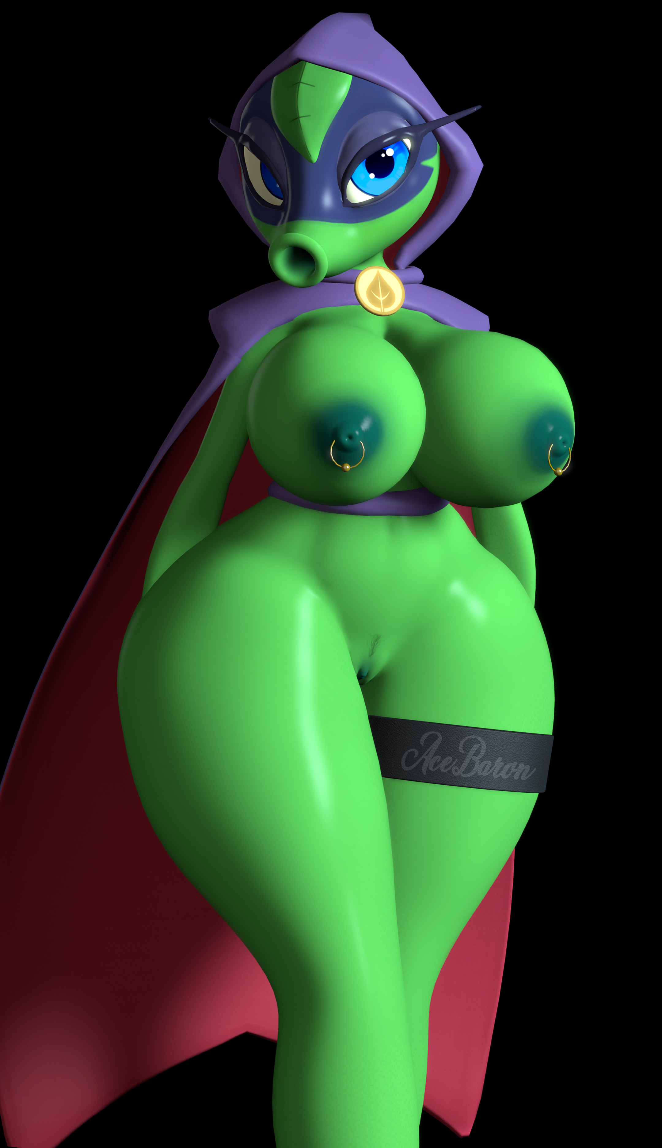 3d, acebaron, ass, big ass, big breasts, big butt, blue eyes, breasts, cloak, female, green body, green shadow (pvz), hips, looking at viewer, mask, nipple piercing, nipples, peashooter (pvz), piercing, plant, plantie, plants vs zombies, plants vs zombies: heroes, pubic hair, pussy, thick thighs, video games