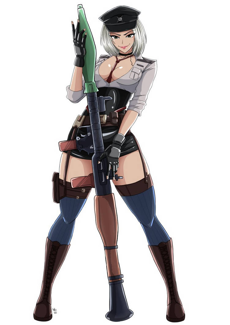 1girls big_breasts breasts brown_eyes capcom cleavage commission dead_rising dead_rising_3 evil_grin fingerless_gloves garter_straps hilde_schmittendorf kmkz-art leather_boots looking_at_viewer medium_hair peaked_cap police_uniform policewoman red_tie rocket_launcher rpg smile smug solo thick_thighs thighhighs video_games weapon white_hair