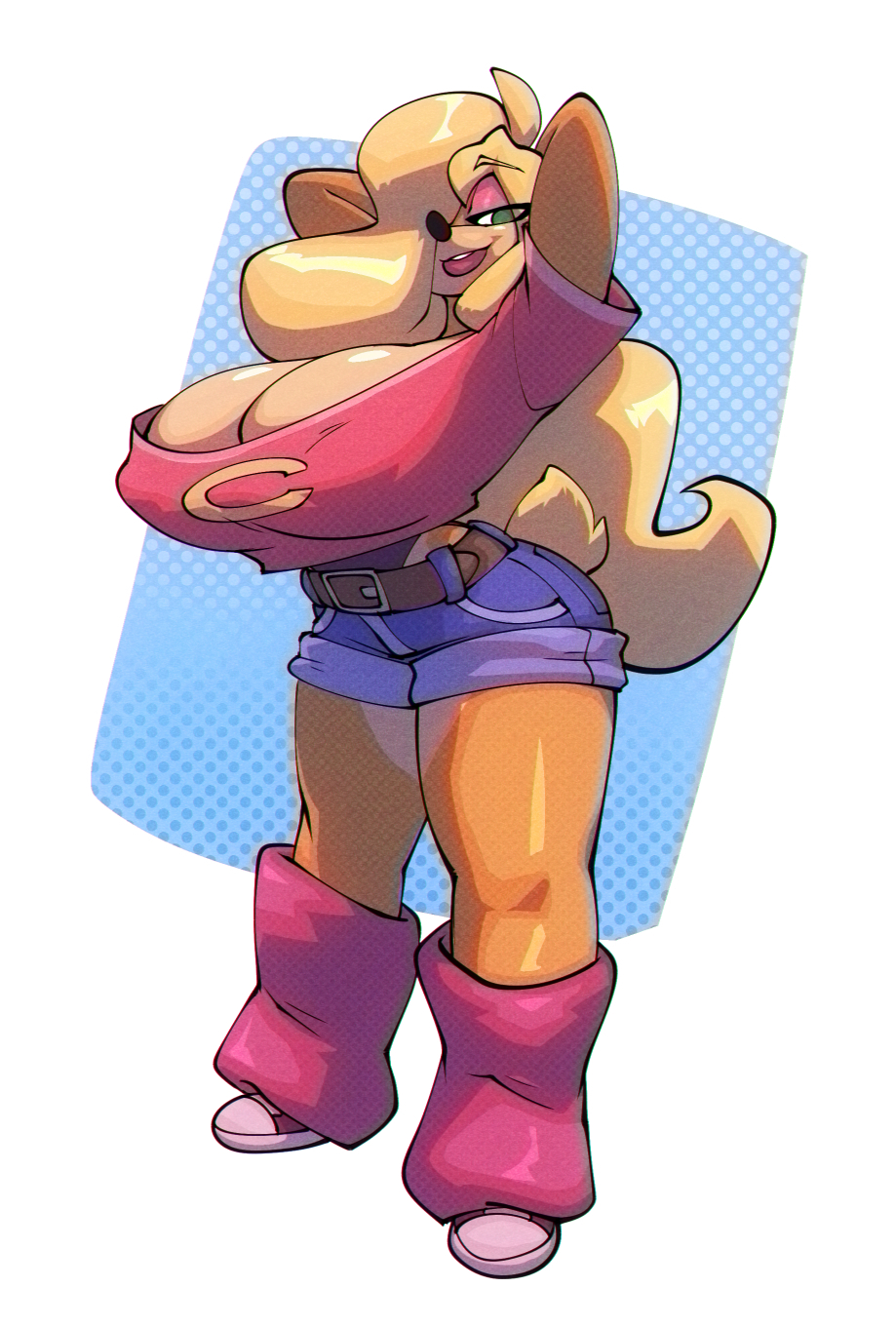 2021, activision, anthro, armpits, bandicoot, bedroom eyes, big breasts, bigdad, black nose, blonde hair, bottomwear, breasts, cleavage, clothed, clothing, crash (series), eyeshadow, female, fur, furry, furry only, hair, hair over eye, hands behind head, hi res, hotpants, huge breasts, large breasts, leg warmers, legwear, long hair, makeup, mammal, marsupial, narrowed eyes, nipple bulge, one eye obstructed, pink eyeshadow, seductive, seductive look, seductive smile, shorts, solo, standing, tail, tawna bandicoot, thick thighs, video games