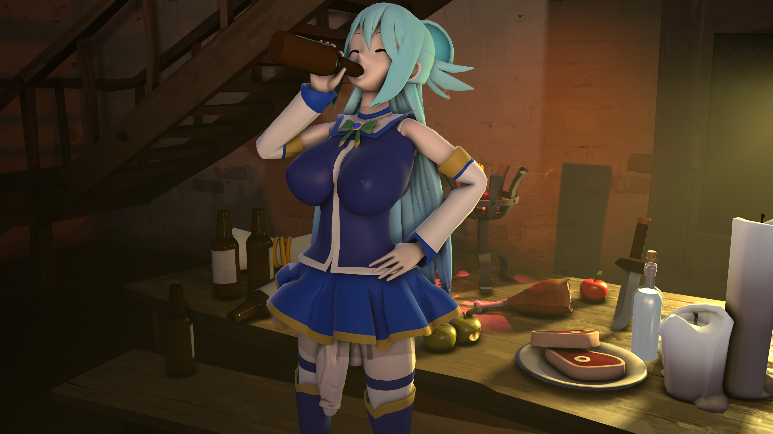 3d, accidental exposure, alcohol, aqua (konosuba), beer, big breasts, big penis, blue dress, blue hair, breasts, detailed background, drinking, eyes closed, flaccid, flaccid penis, foreskin, futa only, futanari, hand on hip, holding bottle, holding object, intersex, kono subarashii sekai ni shukufuku wo!, large breasts, large penis, nipples visible through clothing, oblivious, penis, penis out, penis under clothes, penis under skirt, quadraticsfm, sfm, source filmmaker, stockings, thick penis, thighhighs, uncircumcised, veiny penis