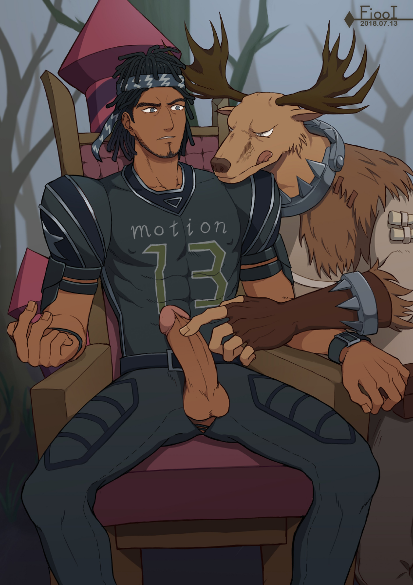 anthro anthro_on_human antlers bane_perez brown_fur dark-skinned_male dark_hair dark_skin deer deer_taur elk furry gay gay_sex identity_v male male_only malesub penis penis_grab penis_out rugby tagme touching_penis uniform william_ellis_(identity_v) yaoi