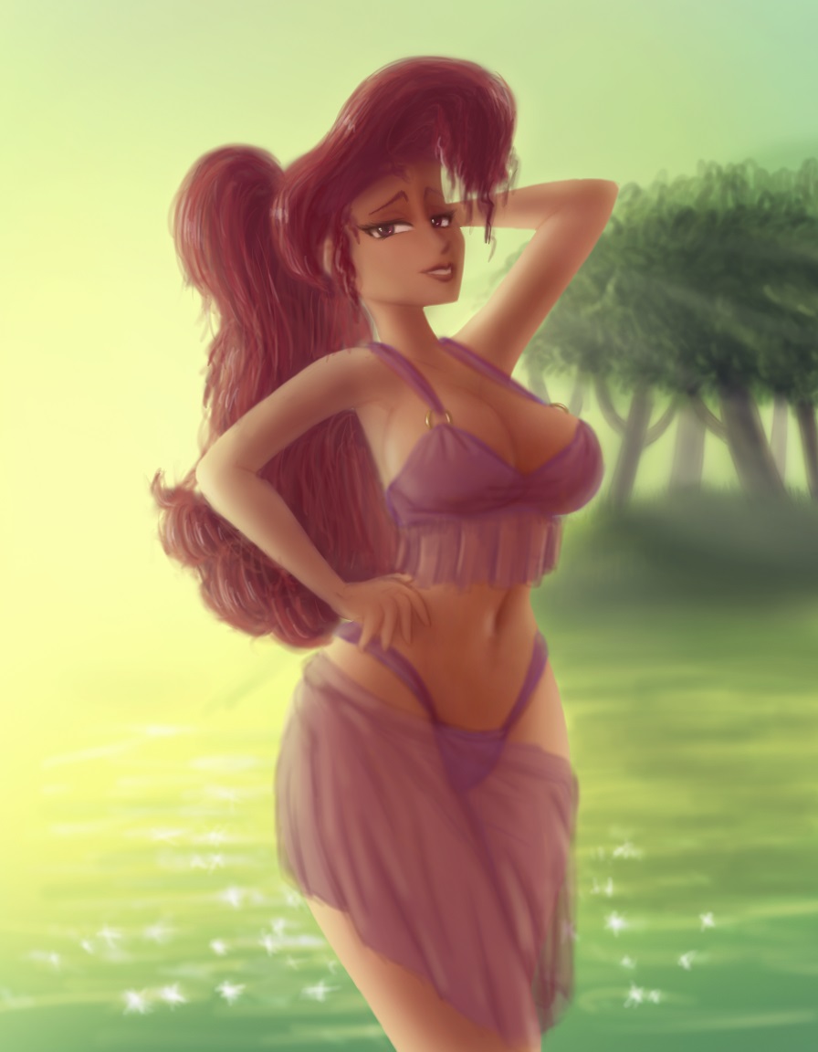 1girls brown_eyes brown_hair cleavage disney hand_on_hip hercules_(disney) large_breasts long_hair looking_at_viewer megara ponytail saf-404 safartwoks safartworks sarong sheer_clothing standing_in_water thong voluptuous