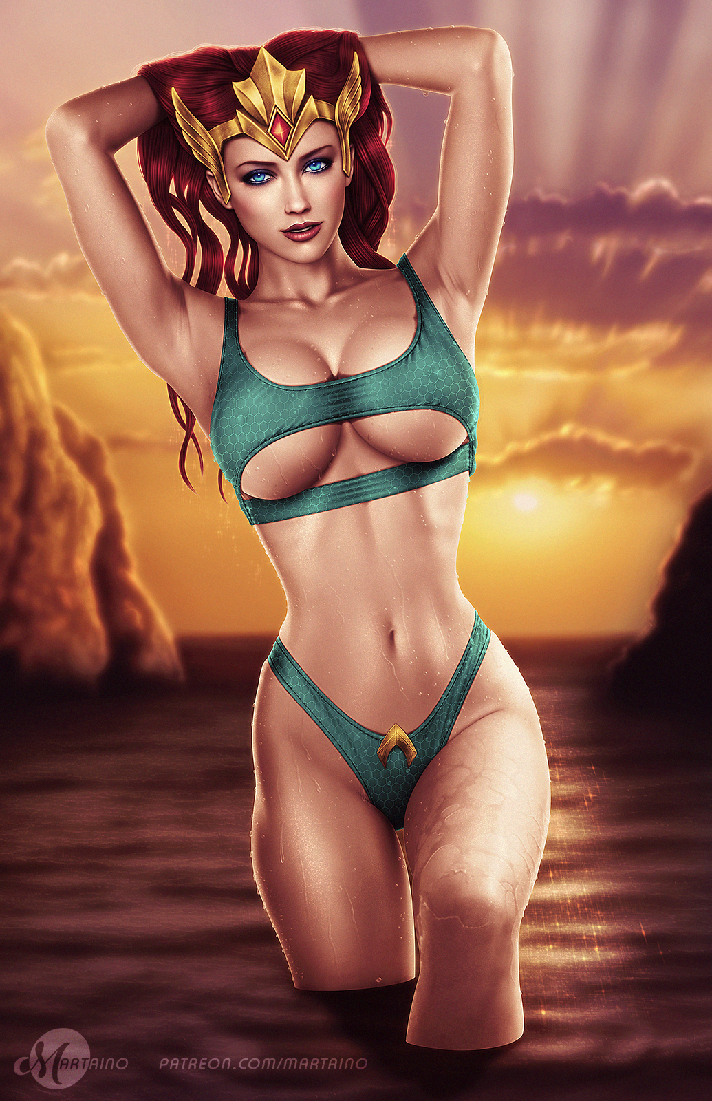 1girls aquaman_(series) armpits blue_eyes dc dc_comics dceu hands_behind_head headdress large_breasts looking_at_viewer martaino mera ocean partially_submerged red_hair seaside standing_in_water swimsuit voluptuous water wet