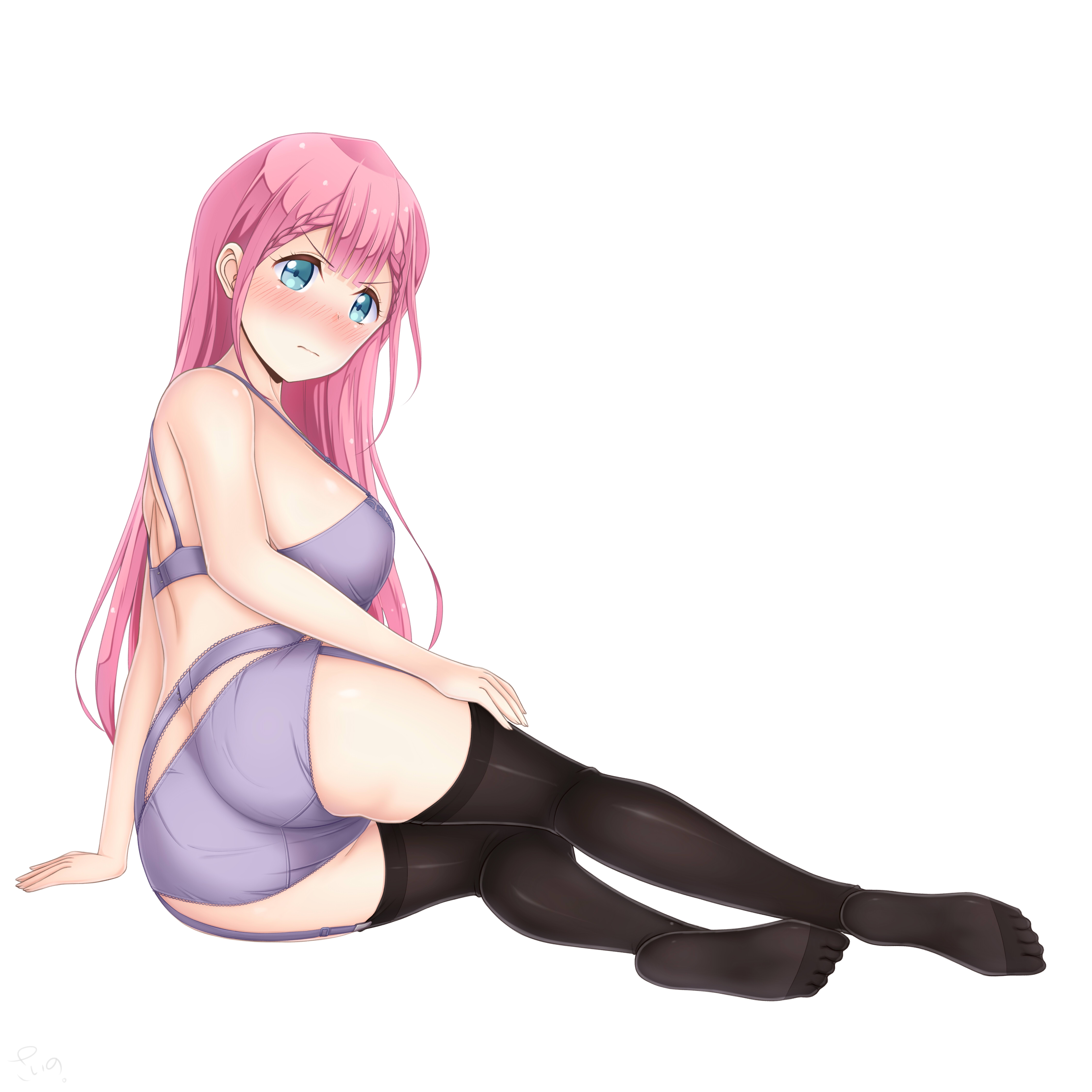 1girls, ass, blush, bokutachi wa benkyou ga dekinai, bra, female, female only, garter belt, garter straps, human, human female, kirisu mafuyu, long hair, looking at viewer, mostly nude, panties, pink hair, solo, stockings, teacher