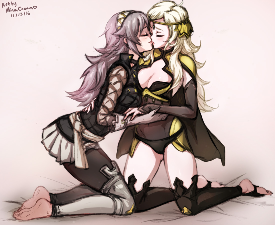 2girls, bare thighs, barefoot, big breasts, black panties, blonde hair, breasts, cleavage, closed eyes, feet, female, female only, fire emblem, fire emblem fates, grey hair, kissing, long hair, medium breasts, minacream, nintendo, ophelia (fire emblem), panties, soleil (fire emblem), teenager, yuri