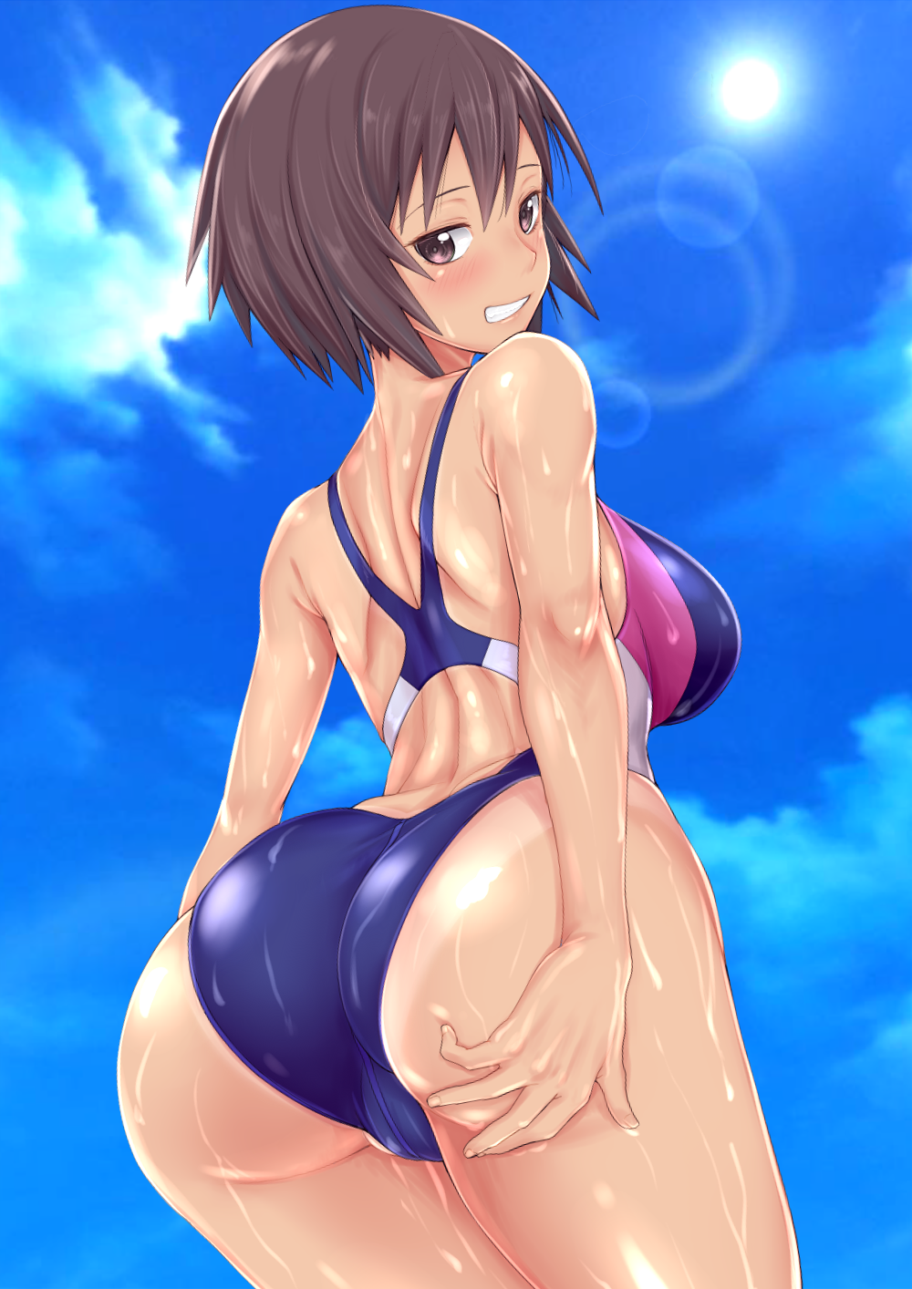 1girls ass ass_grab azumanga_daiou bare_shoulders blue_sky blue_swimsuit blush breasts brown_eyes brown_hair cloud commentary_request competition_swimsuit curvy day female_focus from_behind grabbing_own_ass highres huge_ass kagura_(azumanga_daiou) large_breasts lens_flare looking_at_viewer looking_back one-piece_swimsuit one-piece_tan partially_visible_vulva shiny shiny_hair shiny_skin short_hair shoulder_blades sky smile solo standing sun swimsuit tan tanline teeth thighs wantsupanchi!! wet