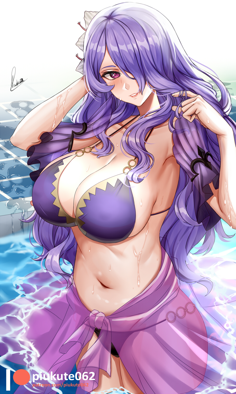 1girls, alternate costume, bangs, bare shoulders, big breasts, blush, breasts, camilla (fire emblem), cleavage, collarbone, female, fire emblem, fire emblem fates, fire emblem heroes, flower, hair flower, hair ornament, hair over one eye, highres, huge breasts, large breasts, long hair, looking at viewer, navel, nintendo, o-ring, parted lips, piukute062, purple eyes, purple hair, sarong, smile, solo female, swimsuit, thighs, wading, water, wavy hair, wet