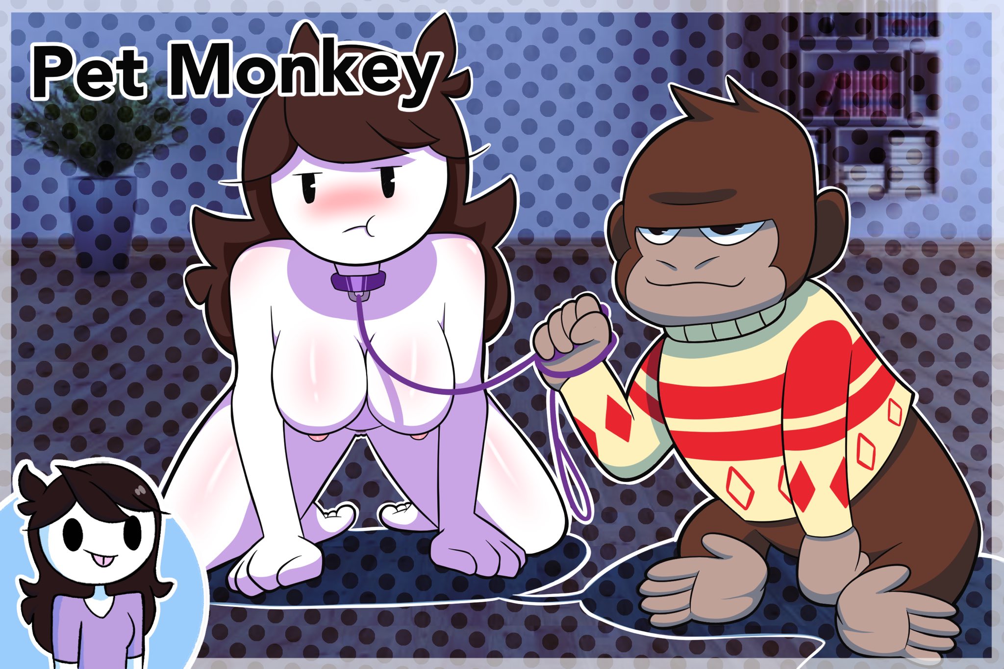 brown hair, bubjones, color, female, haplorhine, human, jaiden, jaiden animations, leash, long hair, monkey, nude, on all fours, pale skin, parody, primate, thumbnail, white skin, youtube, youtuber