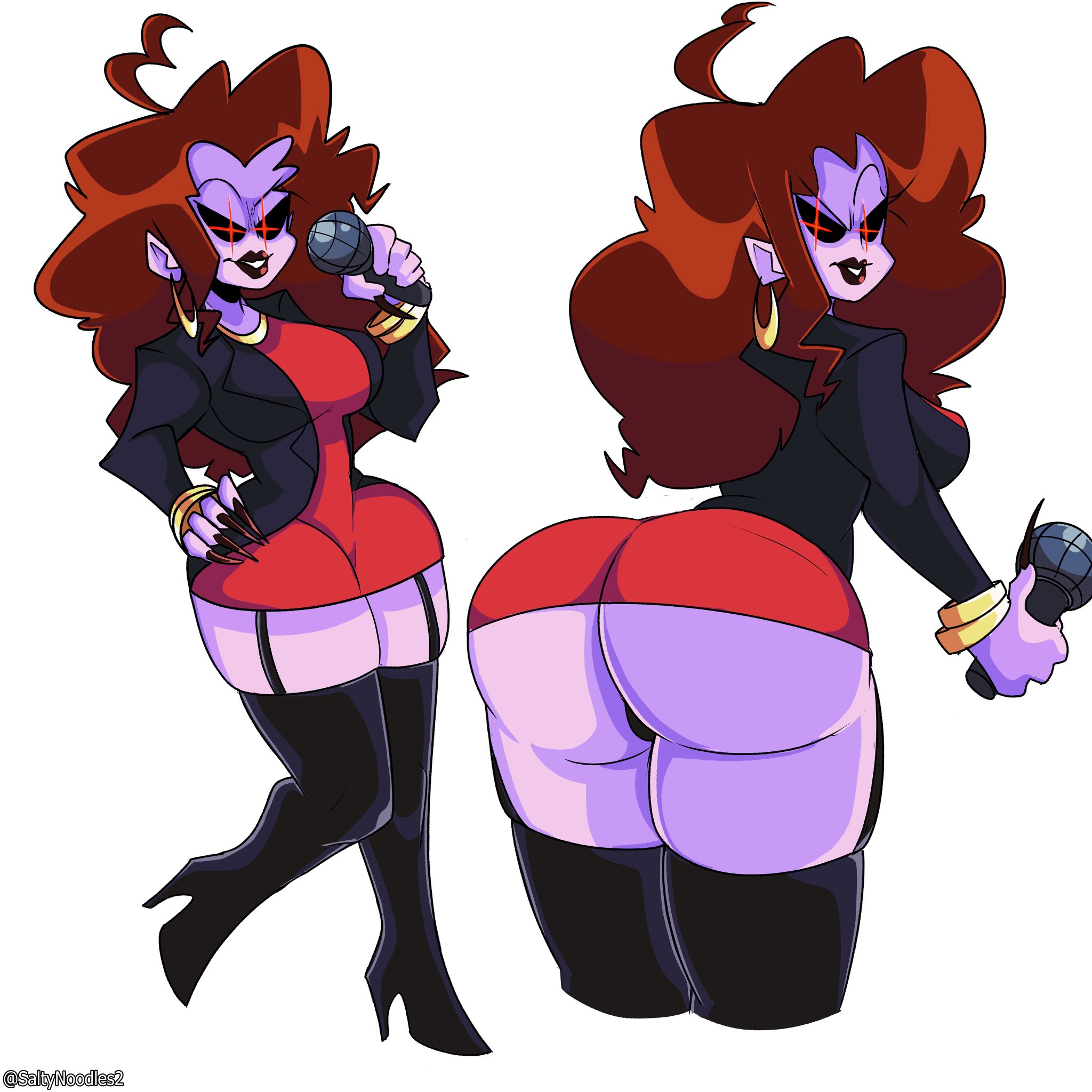 2021, ass, ass focus, big ass, boots, breasts, brown hair, clothed, clothing, earrings, female, female only, friday night funkin, jewelry, long hair, microphone, mommy mearest, purple skin, red dress, revealing clothes, saltynoodles, short dress, solo female, solo focus, suit jacket, thighhighs