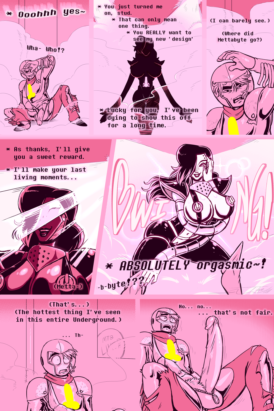 alternate_universe big_breasts big_penis breasts comic curvy_figure damaged_clothing duo english_text female flaccid frisk frisky_(under(her)tail) genitals hair hair_over_eye hi_res hourglass_figure huge_breasts human humanoid looking_at_viewer machine male mammal mettabyte mettaton mettaton_ex one_eye_obstructed page_15 penis pussy robot rule_63 smoke spotlights text thewill under(her)tail undertale video_games