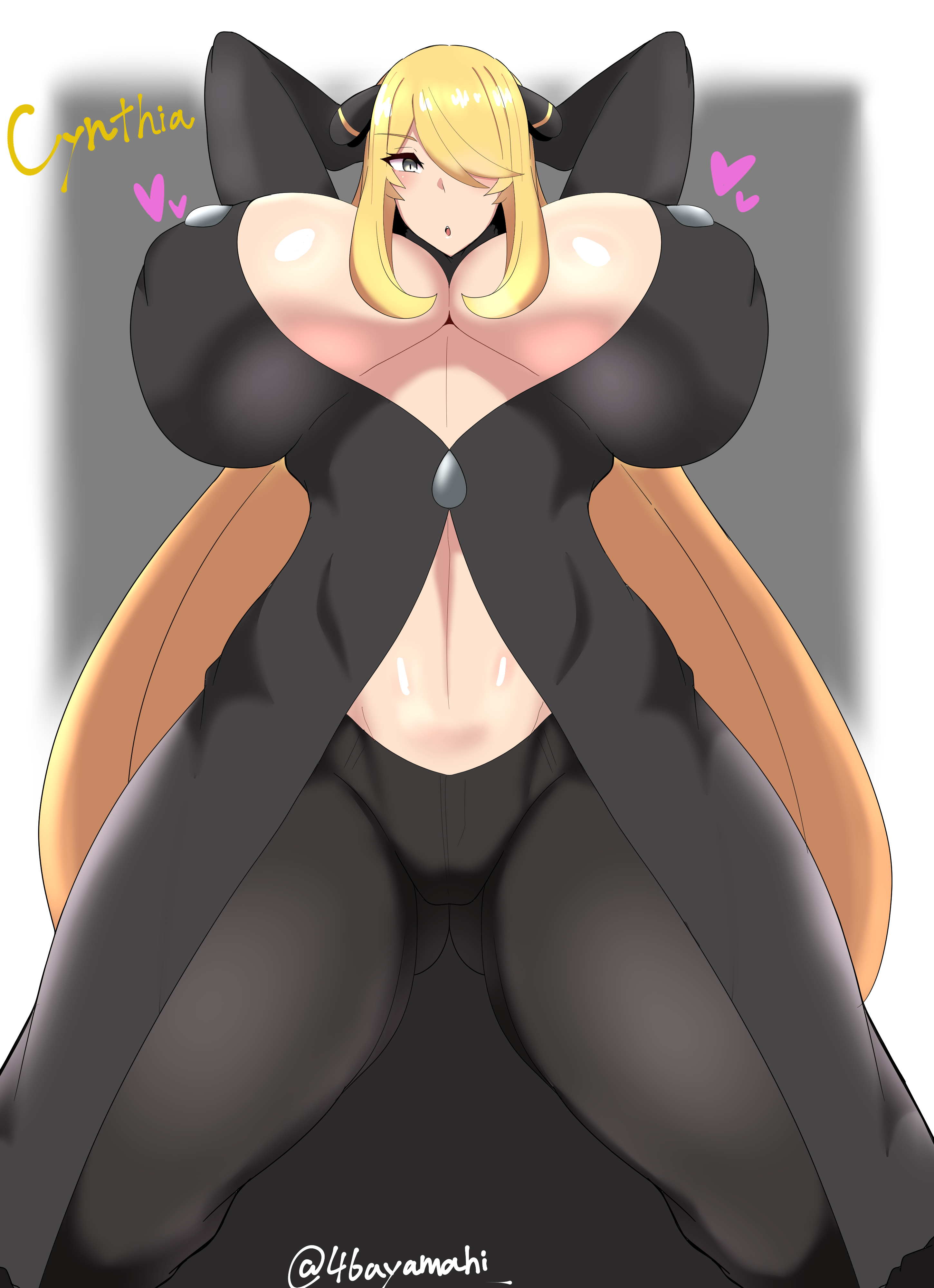 1girls, alternate breast size, ayamahi, big breasts, blonde, blonde female, blonde hair, breasts, breasts bigger than head, curvaceous, curvy figure, cynthia (pokemon), eye contact, female, hair ornament, huge breasts, large breasts, long hair, looking at viewer, mature female, nintendo, pants, pokemon, pokemon champion, pokemon dppt, pose, small head, solo, standing, thick thighs, thighs, voluptuous