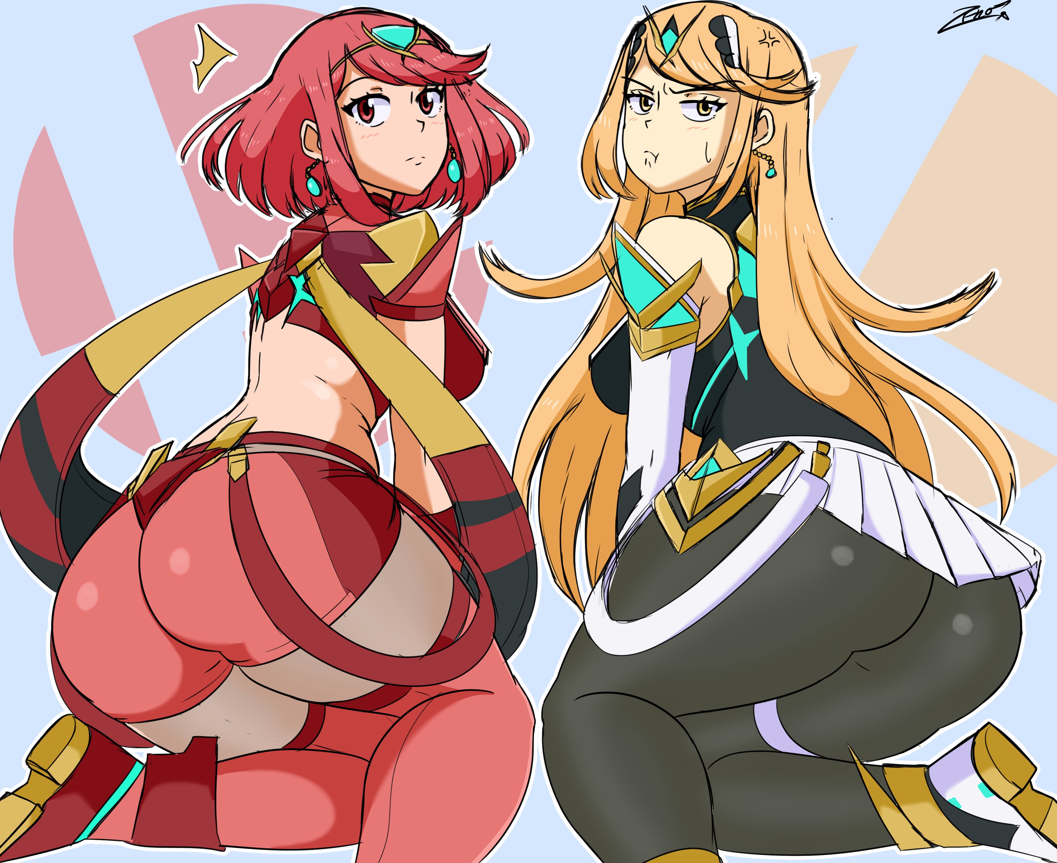 ass, big ass, big breasts, big butt, blonde hair, bob cut, breast press, breasts, bubble ass, bubble butt, earrings, female, female only, hand on back, long hair, looking at viewer, looking back, mythra, nintendo, pyra, red eyes, red hair, seductive smile, short hair, thick ass, thick thighs, wide hips, xenoblade (series), xenoblade chronicles 2, yellow eyes, zeromomentai