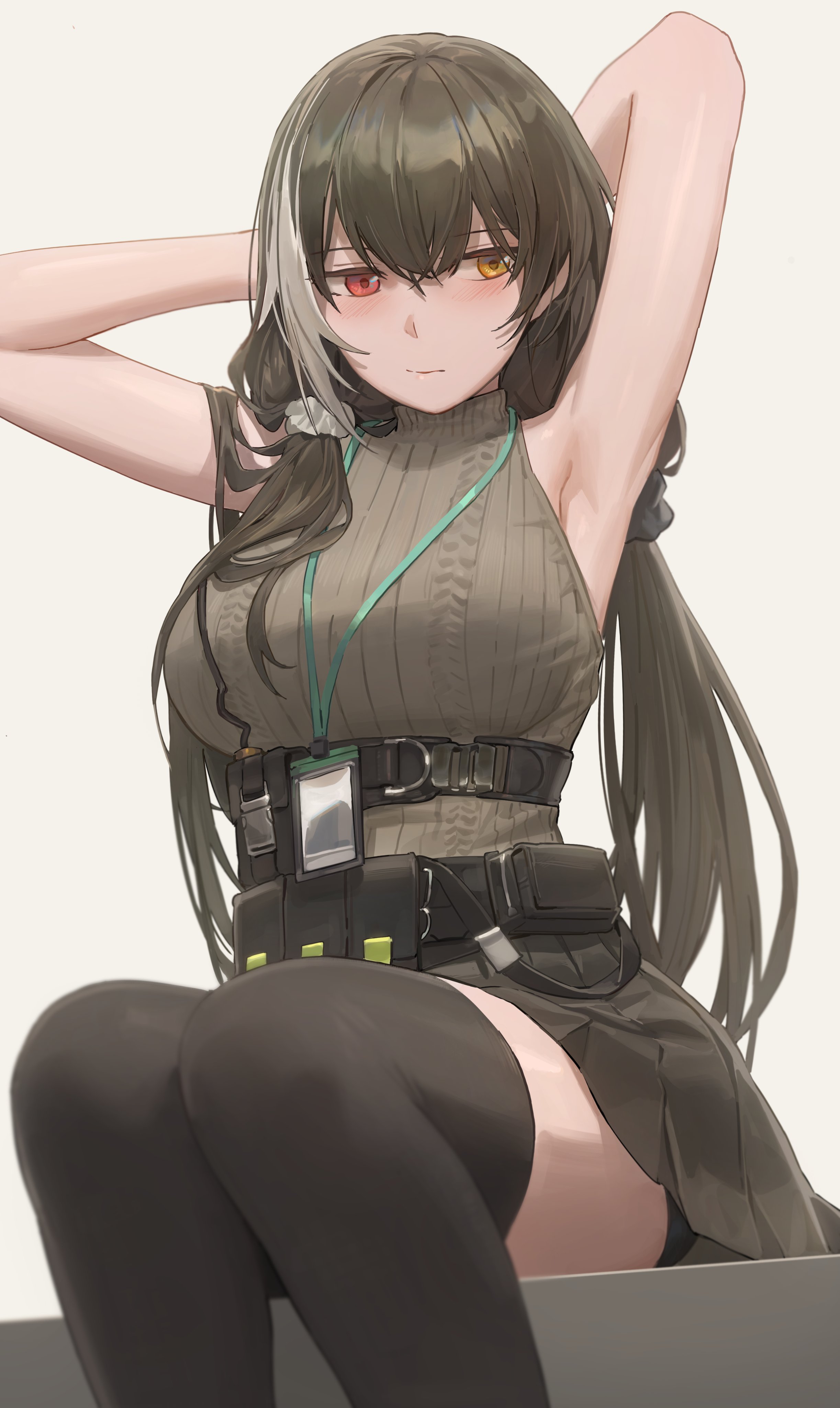 1girls, armpits, black hair, black legwear, black thighhighs, blush, female, female only, girls' frontline, heterochromia, long hair, long socks, looking away, looking down, overknees, red eyes, ro635 (girls' frontline), shy, skirt, socks, solo, sweater, thick thighs, thighhighs, thighs, twintails, virgin killer sweater, white hair, yellow eyes, yohan1754