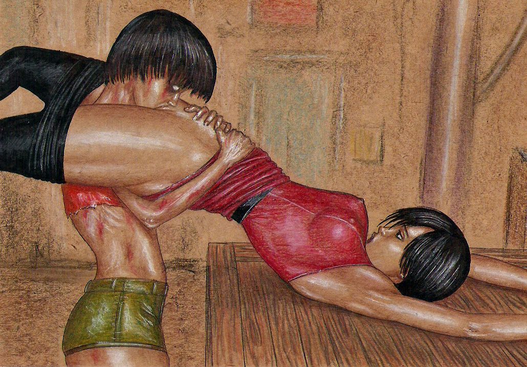 2girls ada_wong ada_wong_(caroline_ribeiro) black_hair capcom clothing cunnilingus devouring_pussy eating_pussy edithemad erect_nipples female female_only female_zombie_(resident_evil_2) hand_drawn hard_nipples human lesbian multiple_females multiple_girls no_bra oral_sex pantyhose pantyhose_down red_dress resident_evil resident_evil_2 short_hair short_shorts tights_down undead white_eyes yuri zombie zombie_girl