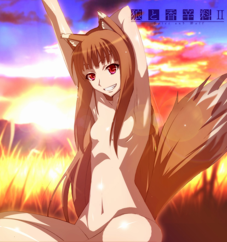 1girls animal_ears armpits arms_up brown_hair censored convenient_censoring flat_chest grin hair_over_breasts holo jet_yowatari long_hair nude pink_eyes sky smile solo spice_and_wolf tail wolf_ears wolf_tail