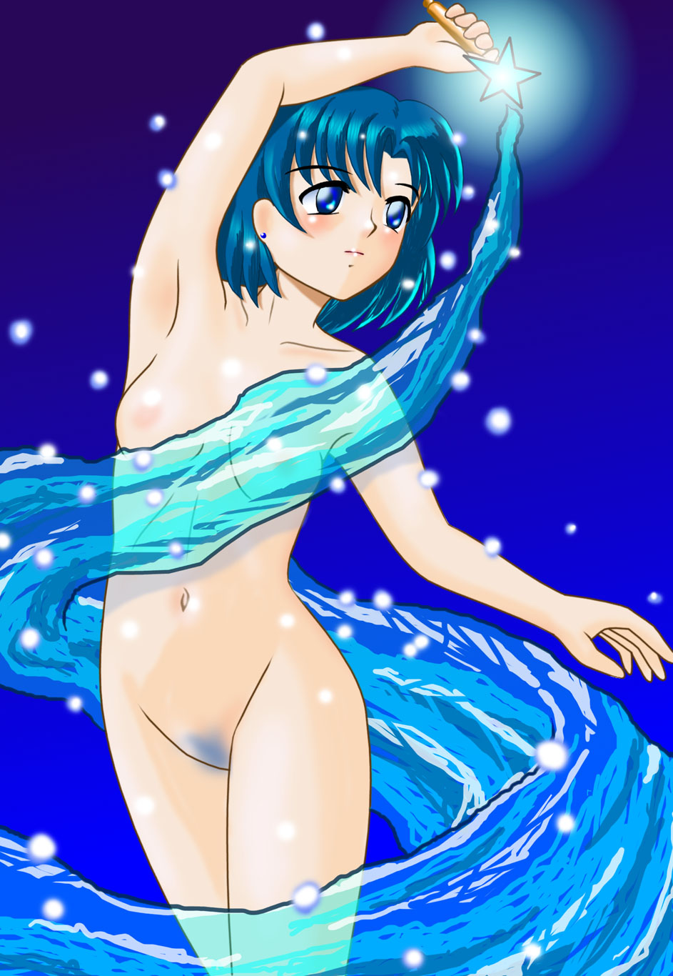 1girls ami_mizuno belly_button bishoujo_senshi_sailor_moon blue_eyes blue_hair breasts female female_only magical_girl navel nude pubic_hair red103 small_breasts solo tagme transformation wand water