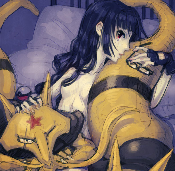 black_hair censored convenient_censoring fingerless_gloves freckles glasses gloves holding holding_glasses kadabra long_hair meitei nintendo nude pixiv pixiv_trainer poke_ball pokemon pokemon_trainer red_eyes scar star tail wink