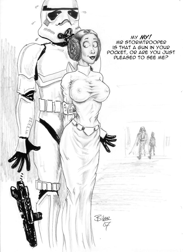 1girls 2007 a_new_hope big_breasts bikerbloke black_and_white death_star english_text female grinding princess_leia_organa star_wars stormtrooper text tight_clothing