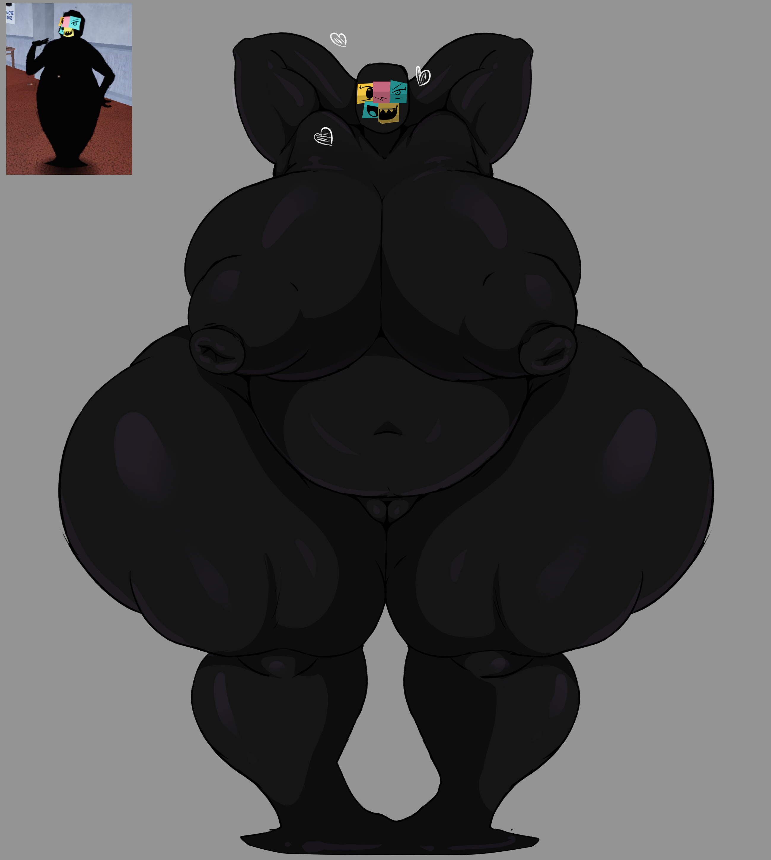1girl, 1girls, 2d, 2d (artwork), 2d artwork, areola, areolae, arms behind head, belly, big breasts, black areola, black areolae, black nipples, breasts, busty, busty female, busty girl, chubby, curvaceous, curvaceous figure, curvy, curvy body, curvy female, curvy figure, dark areola, dark areolae, dark nipples, dark skin, dark-skinned female, doors (roblox), entity, erect nipples, fat pussy, female, female focus, female only, full body, grey background, hands behind head, heart, heart symbol, hearts, hi res, high quality, high resolution, highres, hips, humanoid, large breasts, naked, naked female, navel, nipples, nude, nude female, puffy nipples, pussy, roblox, roblox game, simple background, solo, solo female, solo focus, the drones (doors), thick thighs, thighs, trifuson, video game, video game character, video game franchise, video games, voluptuous, voluptuous body, voluptuous female, wide hips