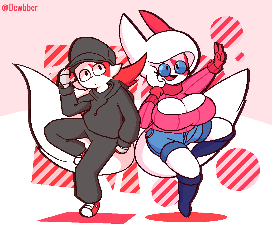 anthro bandaged_hand blue_eyes boots cleavage dewbber duo ear freak furry game gloves hair hat nintendo pokemon pokemon_(species) shoes short_jeans sneakers sweater tail tails zangoose