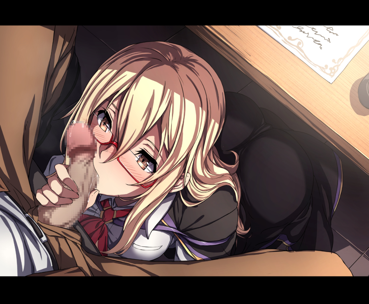 ass, aurora hard, blonde hair, censored, clothed sex, fellatio, from above, glasses, grabbing penis, kanpani girls, male, nagioka (sblack), oral, penis, precum, saliva, sex, stealth sex, tagme, under the table, yellow eyes