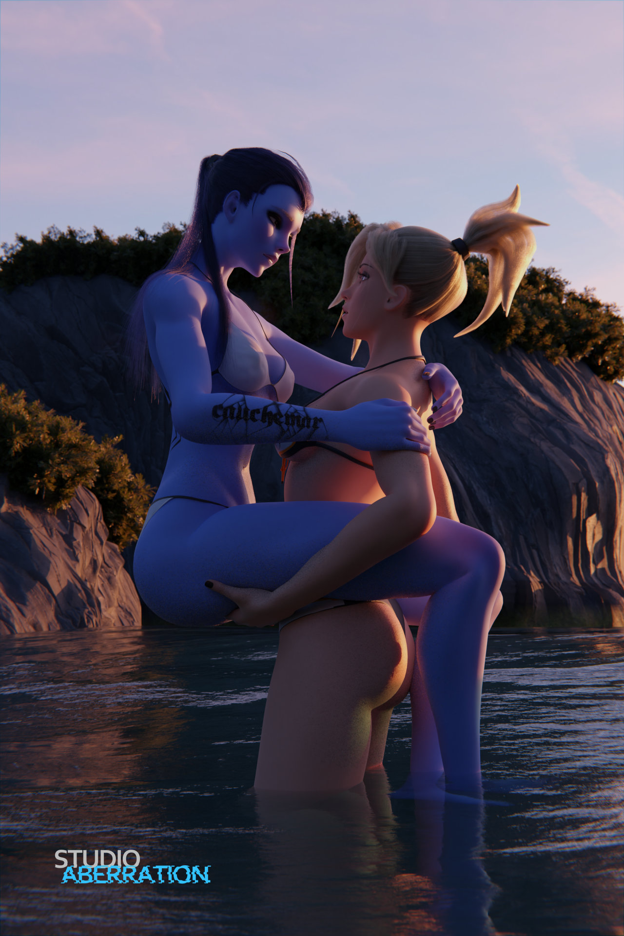 2girls, 3d, beach, bikini, blonde hair, carrying, colored skin, duo, female, female only, imminent sex, lesbian, lifting, looking at partner, mercy, overwatch, purple hair, purple skin, standing, studioaberration, widowmaker, yuri